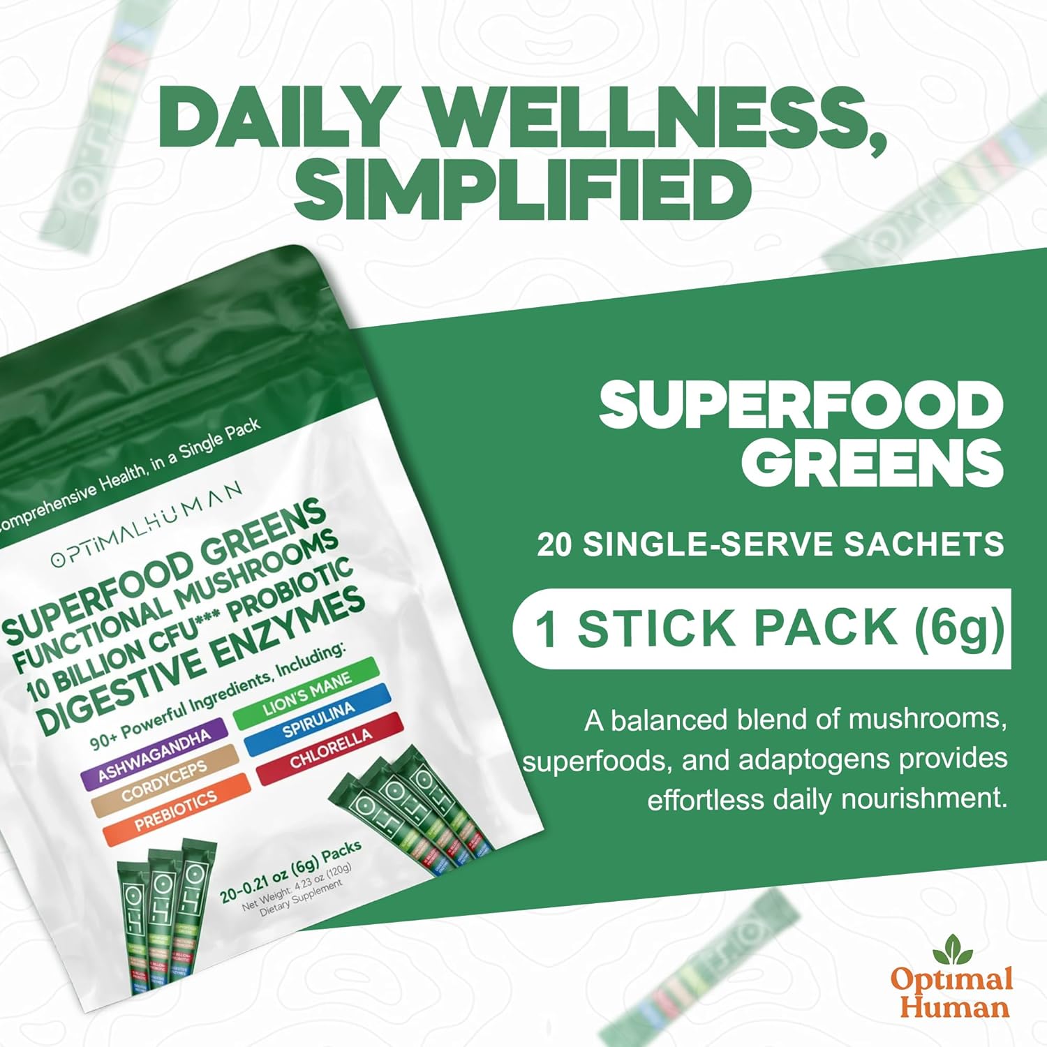 Optimal Human Superfood Greens Powder – 90+ Ingredient Blend with Lion’s Mane Supplement, Ashwagandha & Turmeric – Non-GMO, Soy-Free, Mushroom Supplements for Women – 20 Sachets