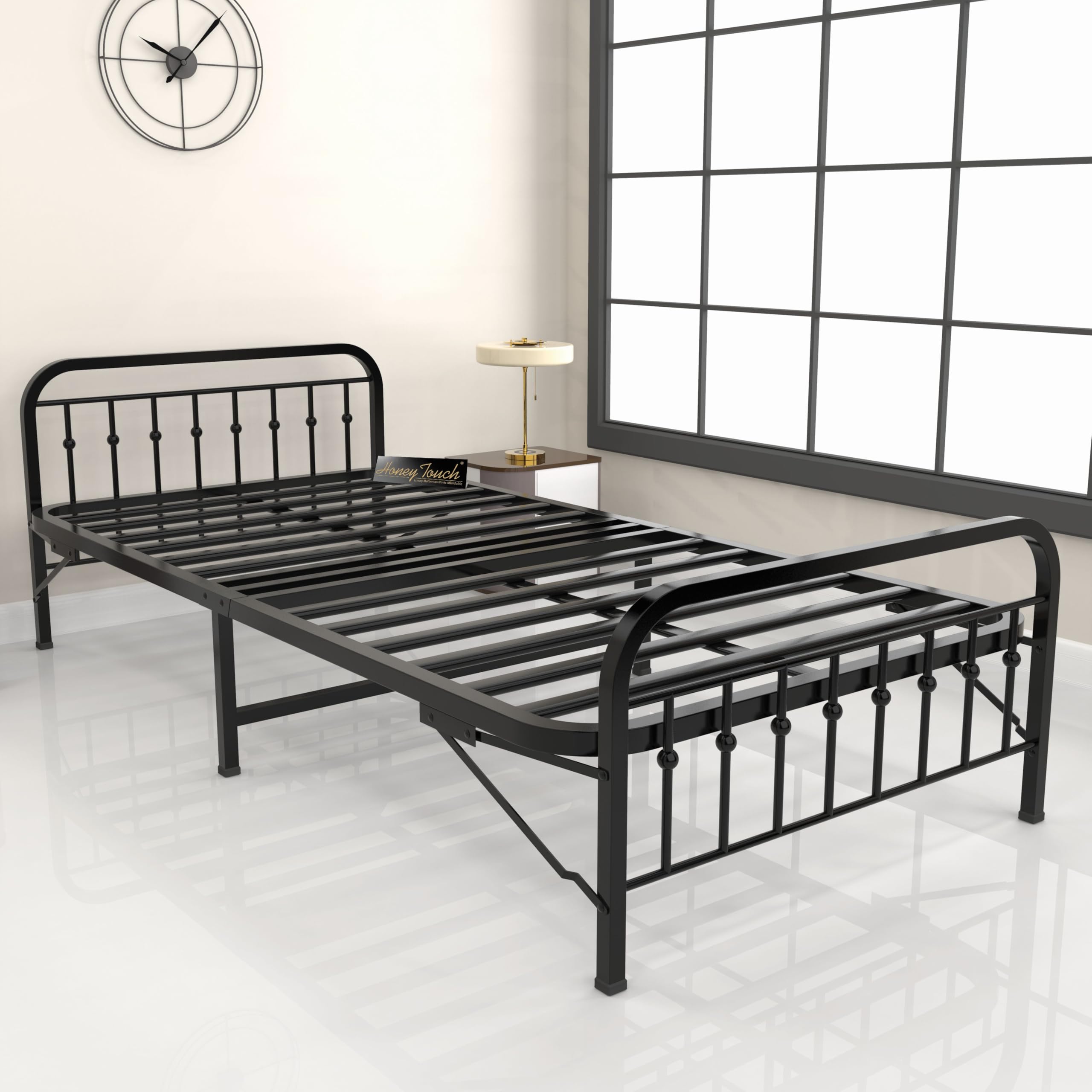 Honey Touch Metal Folding Bed Single Size With Headboard For Bedroom,Guests And Rented Apartments 3Ft X 6Ft(Black)-image-38