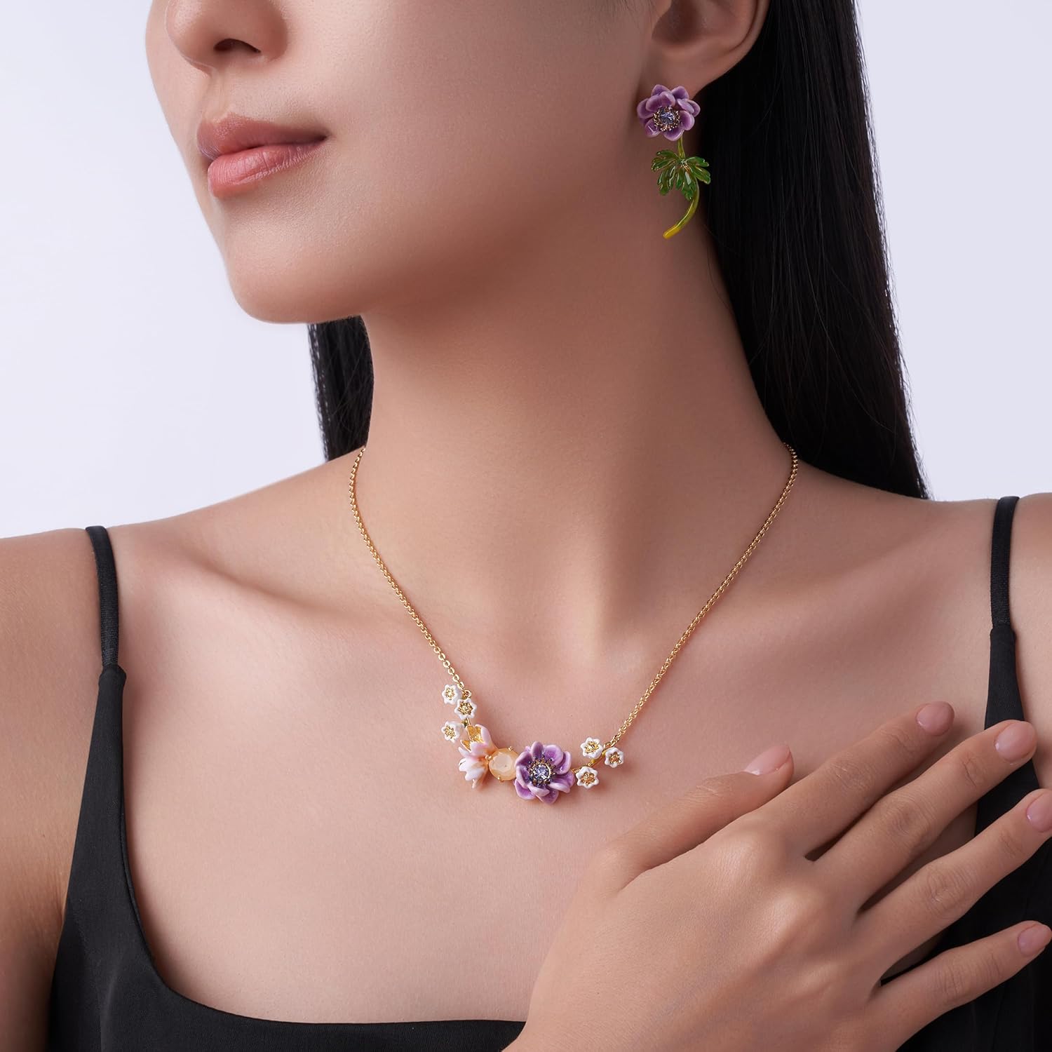 18K Gold Plated Handmade Floral Jewelry Set for Women – Purple Camellia Necklace & Bangle Set – Elegant Lightweight Statement Jewelry – Luxury Gift for Her