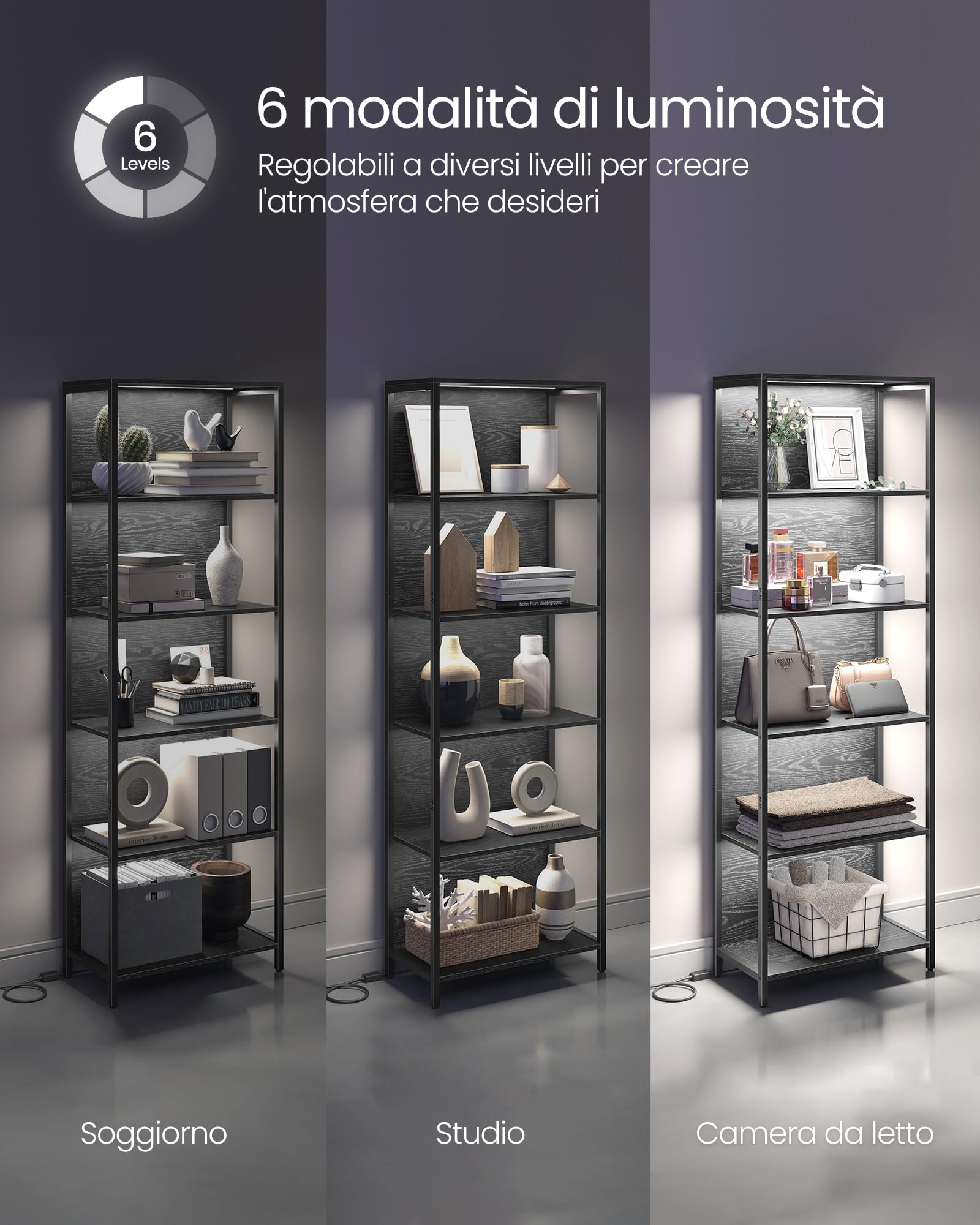 VASAGLE Scaffale a 6 Ripiani con Luce LED Dimmerabile, Libreria con Struttura in Acciaio, 30,3 x 60 x 178,6 cm, per Soggiorno, Camera da Letto, Ufficio, Nero Ebano LLS120B57