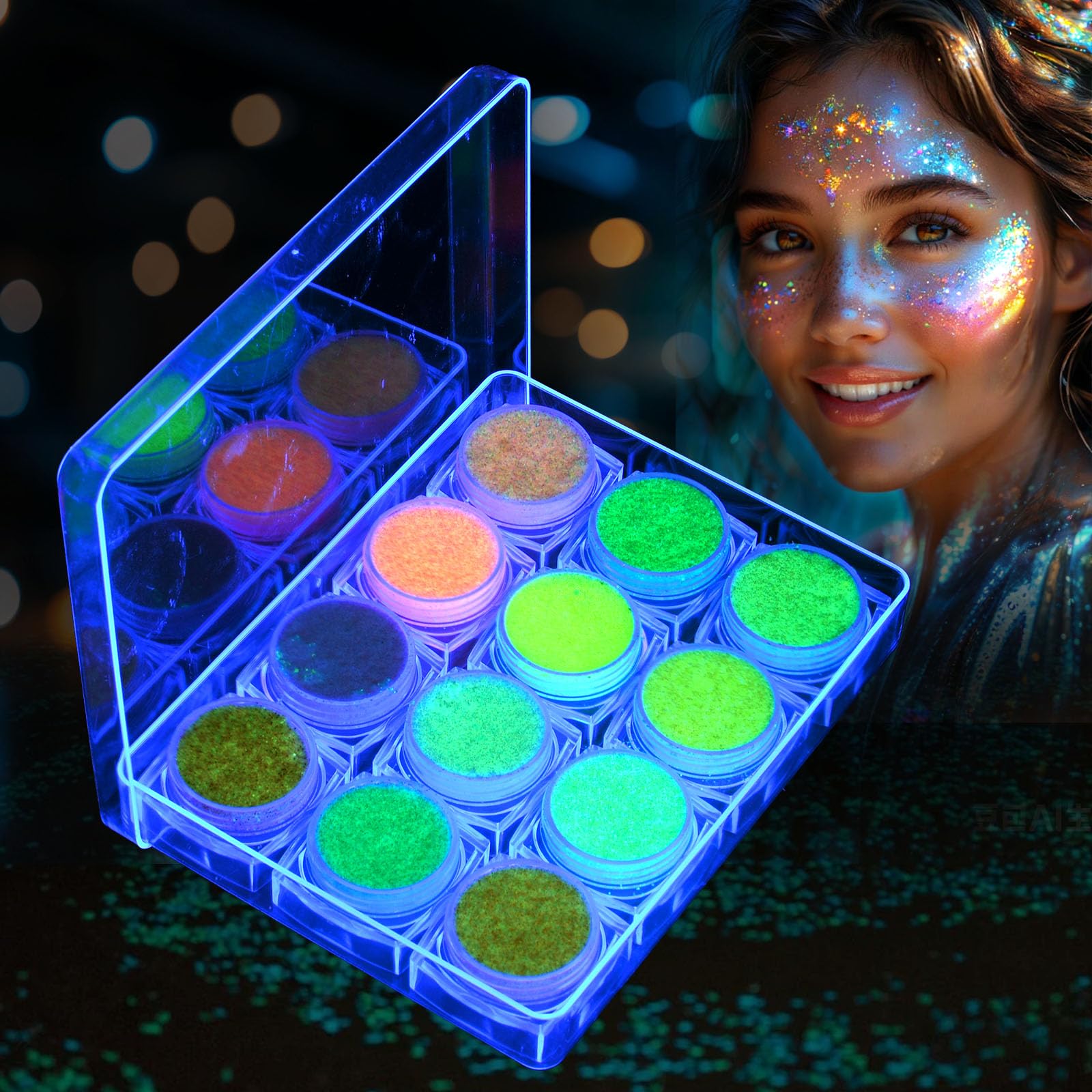 AOOWU Fluoreszierendes Glitter, 12 Colori Fluorescente Paillettes Gel Gel Glitter Per Corpo Set Glitter Iridescent, Glitter Cosmetic per Unghie, Capelli, Halloween, Carnevale