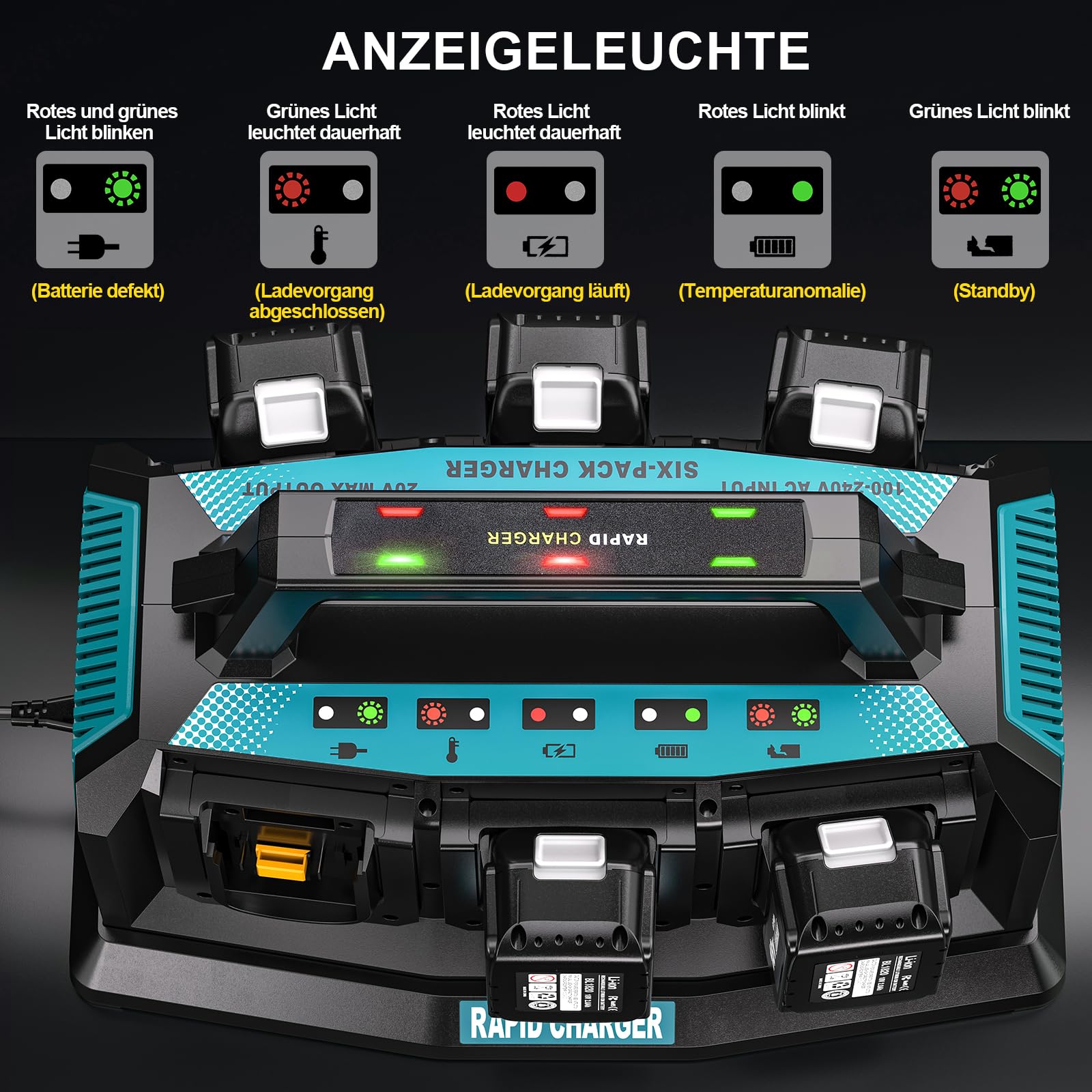 YEX-BUR 6-Ports Ladegerät für Makita 14,4v-18v Akku (Li-Ion, gleichzeitiges Laden von 6 x 18V Akkus, Akkuladestrom: 3A, inkl. Adapter, ohne Akku) DC18RC 18V Schnellladegerät