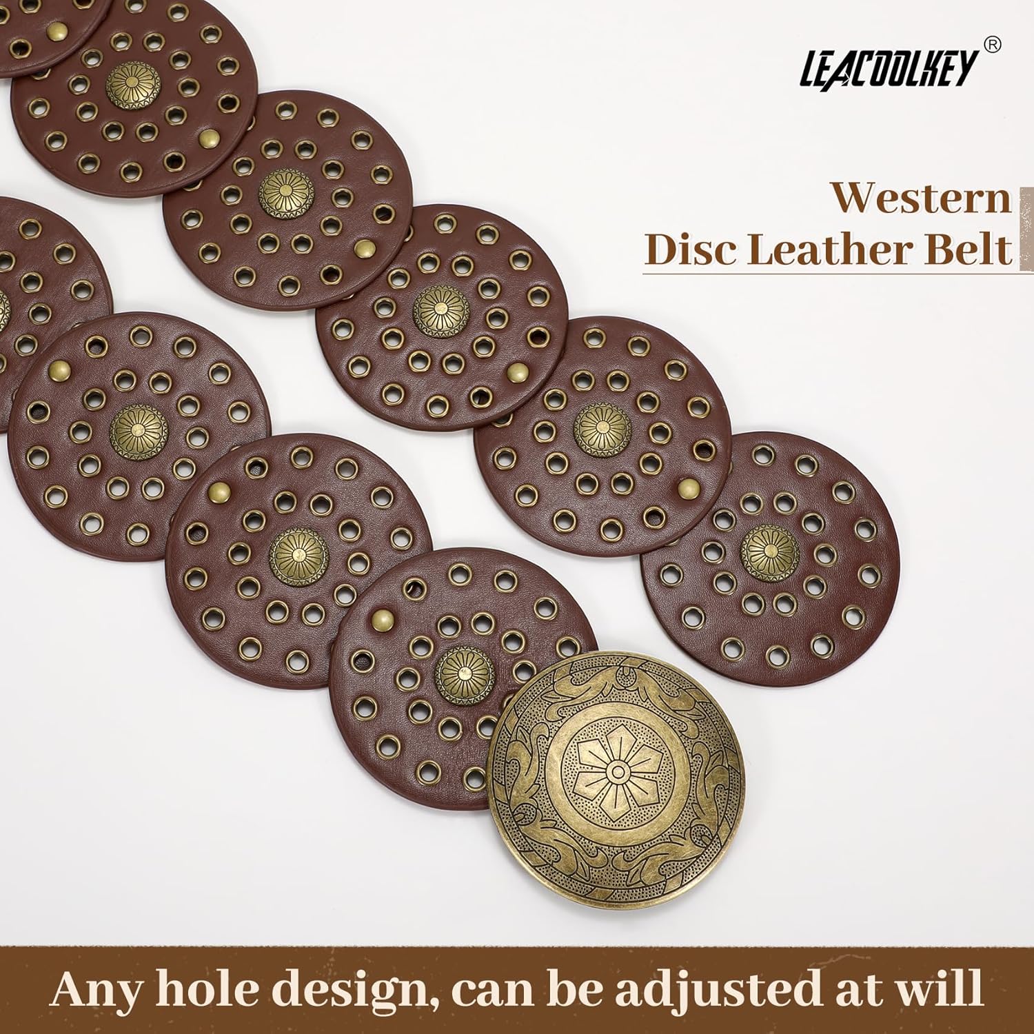 LEACOOLKEY Women's Boho Disc Belt Wide Western Leather Belt Vintage Concho Waist Belts for Dress Jeans - Image 3