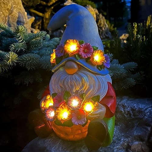 Mood Lab Gnomo de jardín  Estatua solar de gnomo con cesta de flores  Estatua de césped de 9.25 pulgadas de alto con 8 luces LED  para decoración al