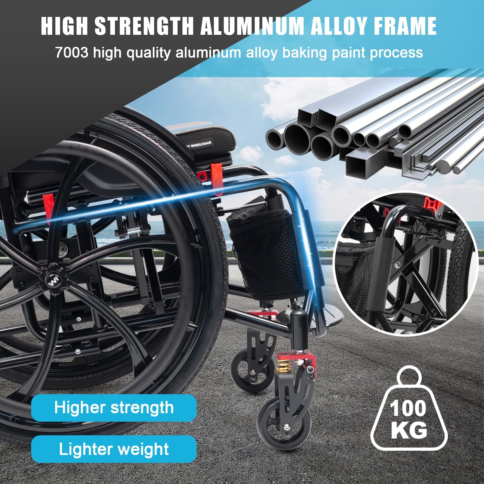 Silla De Ruedas Deportiva Ligera Plegable Todo Terreno,silla De Ruedas De Aleación De Aluminio,sillas De Ruedas Manuales Autopropulsadas,Ruedas de extracción rápida pulsando un botón(Seat width 44cm/1