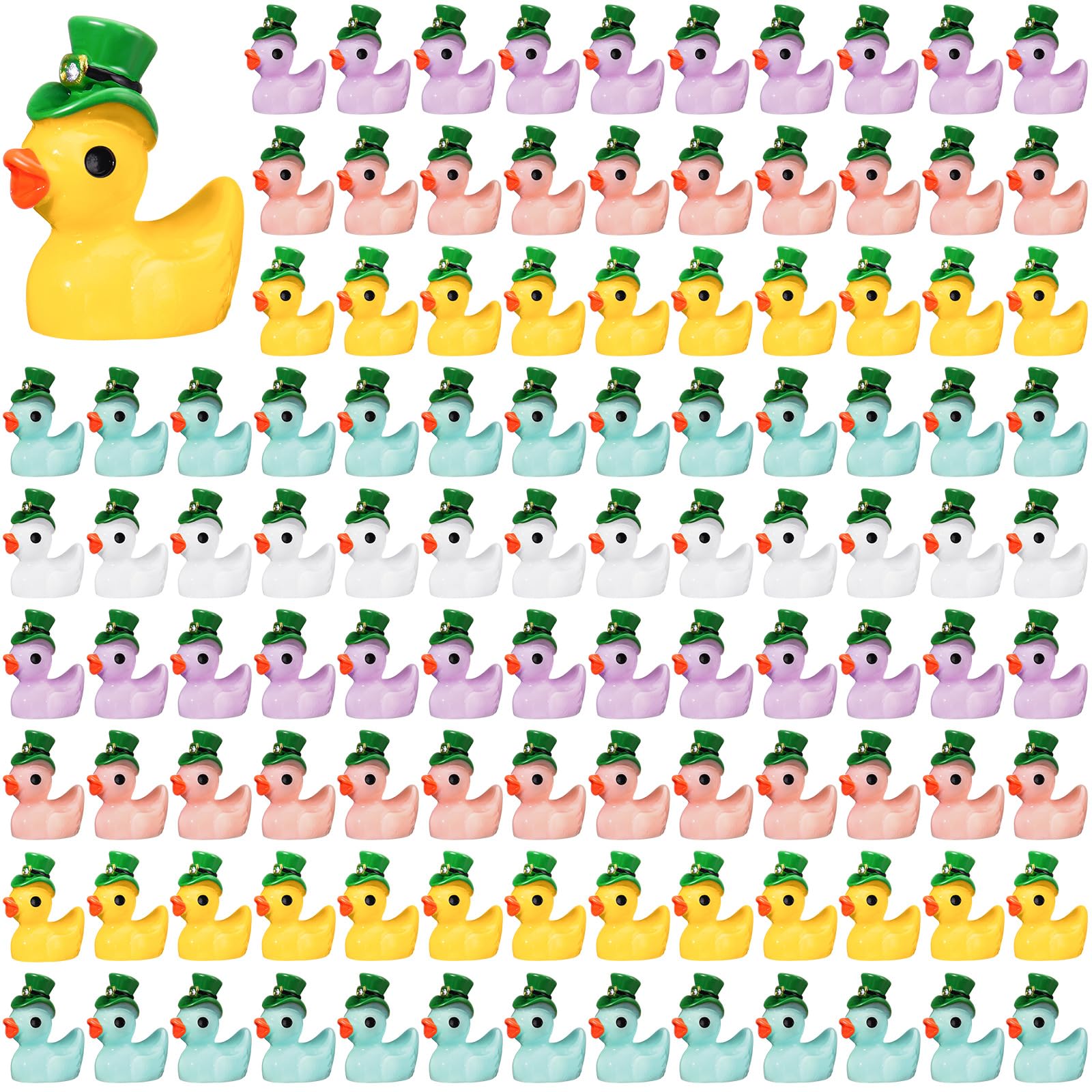 Gemscream 100 Pcs St. Patrick's Day Micro Mini Resin Duck Miniature Figures Resin Tiny Ducks Resin Charms Landscape Aquarium Garden Dollhouse Ornament DIY Decoration for Party Supplies (Multicolor)