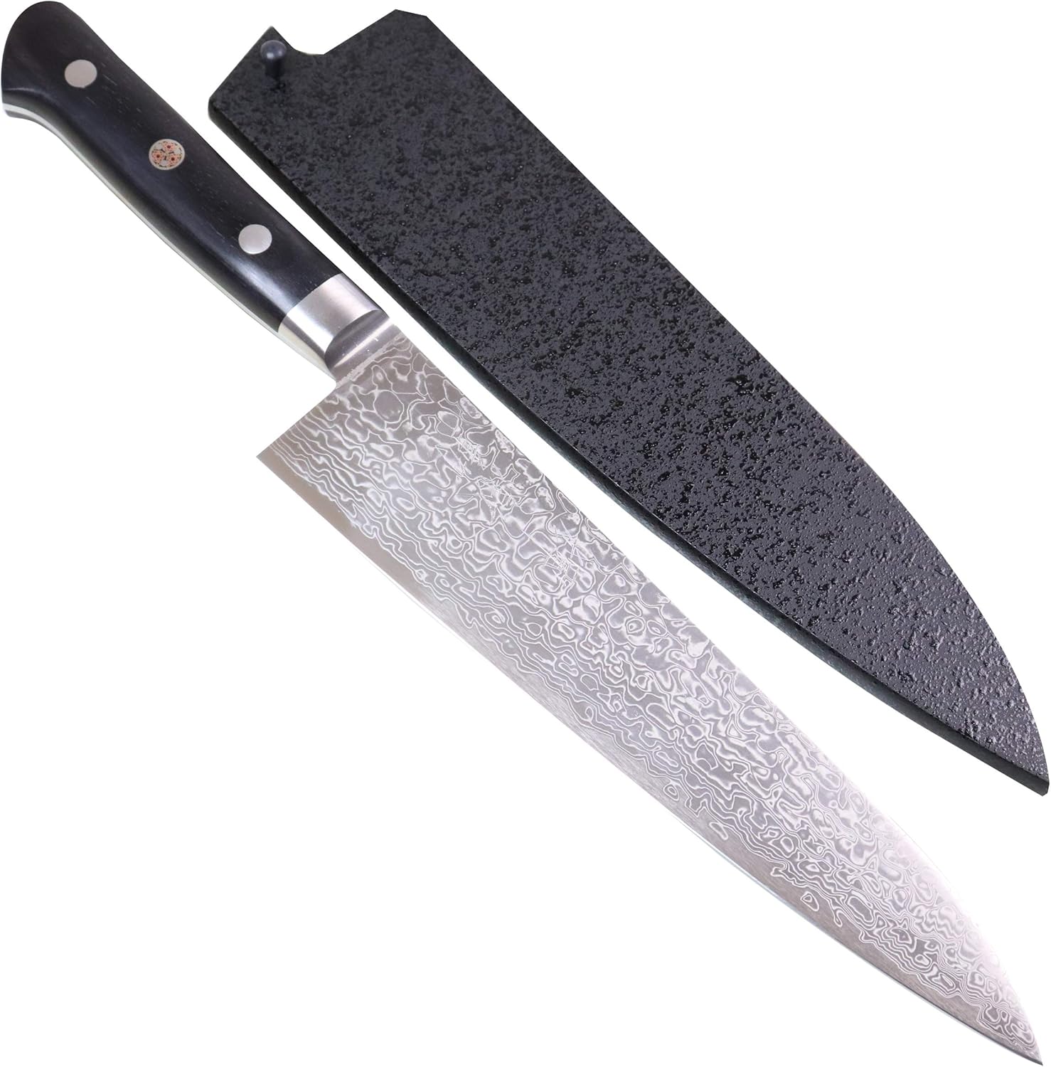 Kagayaki Japanese Chef’s Knife, KGRP-3 Professional Gyuto Knife, Polished Patterned Damascus Stainless Steel with Ergonomic Black Pakka Wood Handle, 8.2 inch
