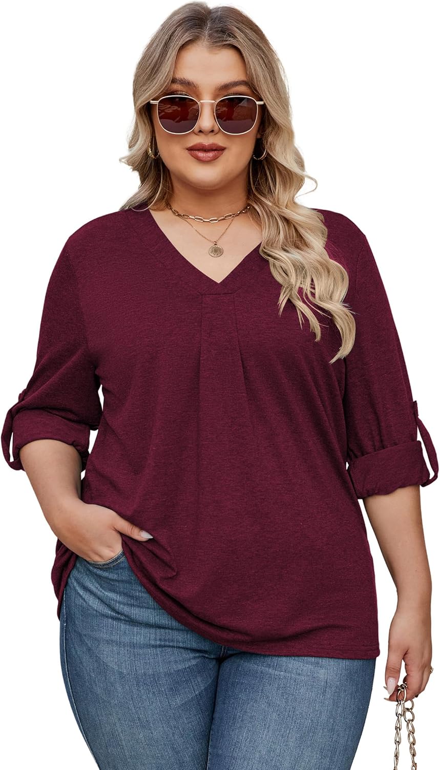Kancystore Plus Size Tops for Women 3/4 Length Sleeve Shirts V Neck Tunic Blouses Spring Clothes - Image 2
