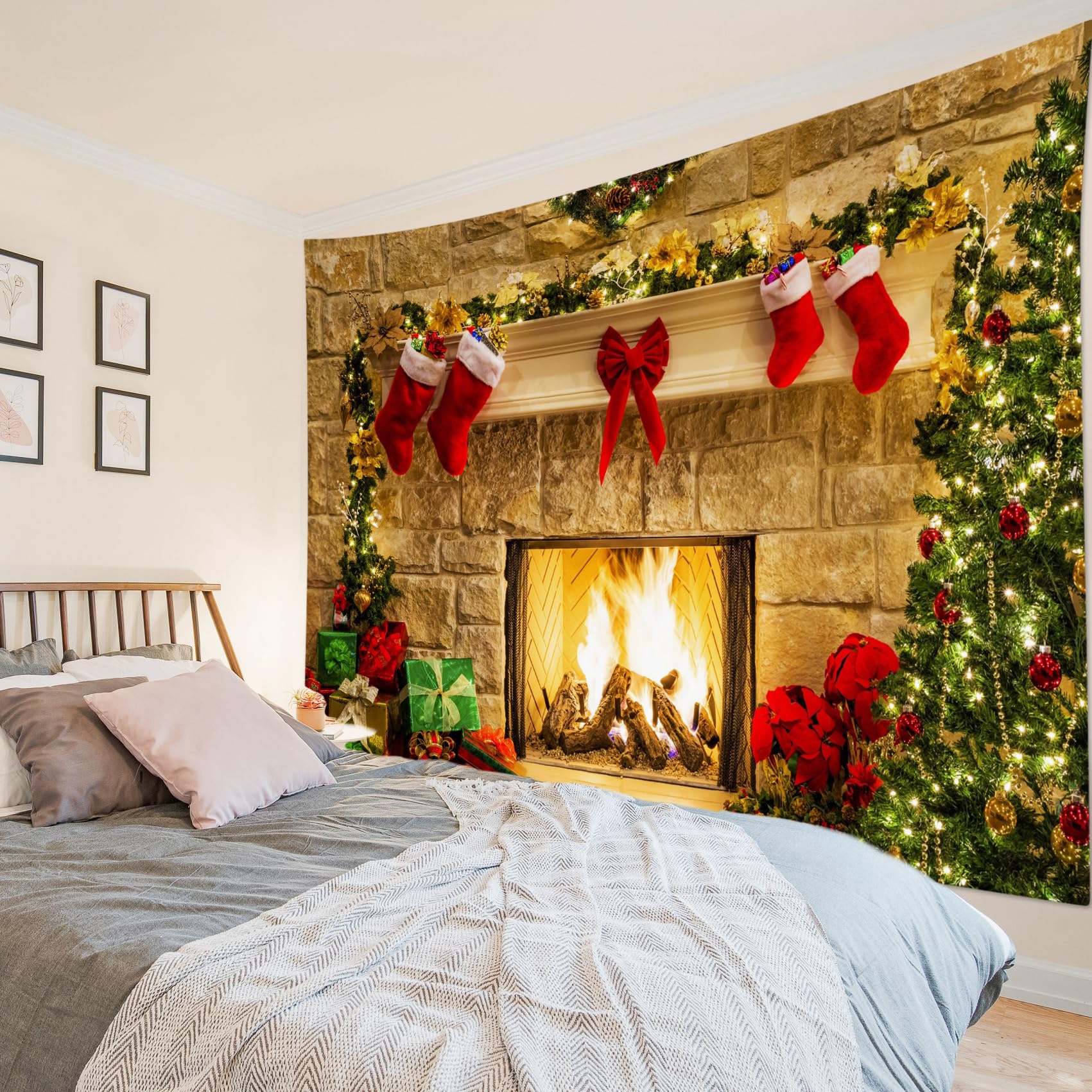 ABAKUHAUS Arazzo natalizio, Motivo cartoon a tema Happy Noel con pinguini, regali, nuvole e alberi, tessuto satinato setoso per soggiorno e camera da letto, 210 cm x 274 cm, Seafoam multicolore