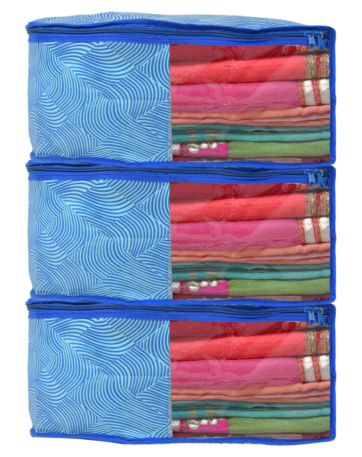 Kuber Industries Lahariya Printed Non-Woven Blouse Cover Wardrobe Organiser Clothes Storage Bag With Front Window- Pack of 3 (Blue)-44KM0546