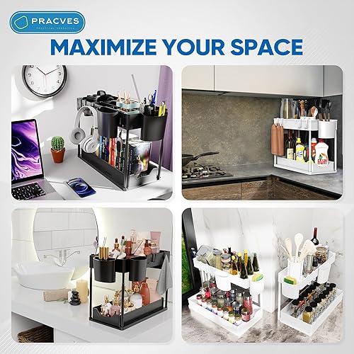 Miniatura 6 de Organizador para debajo del fregadero, organizador de gabinete extraíble, estantes de almacenamiento de armario de fregadero ajustable de 2 niveles