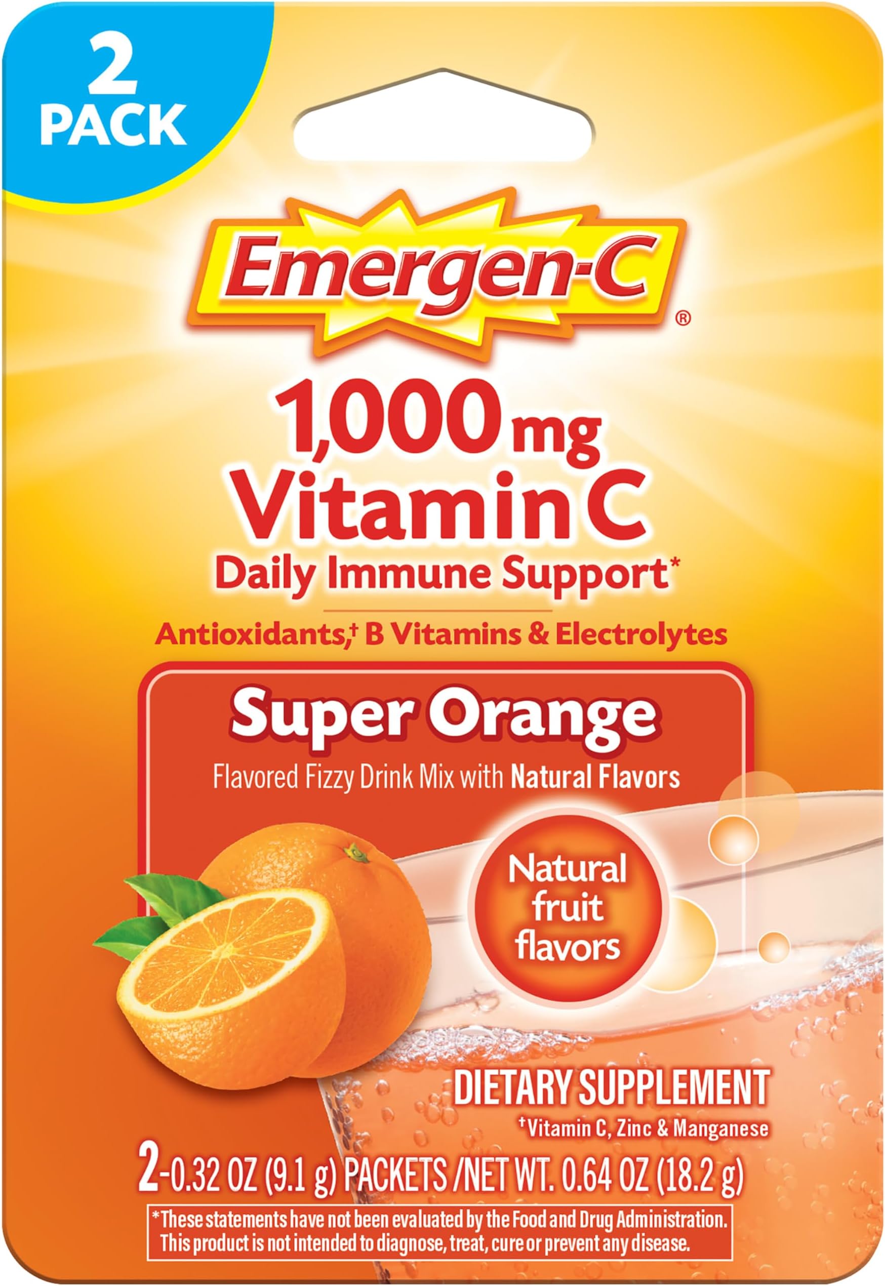 Emergen-C 1000mg Vitamin C Immune Support Powder Super Orange 2CT includes Zinc, Manganese, 7 B Vitamins and Electrolytes for Back to School Essentials