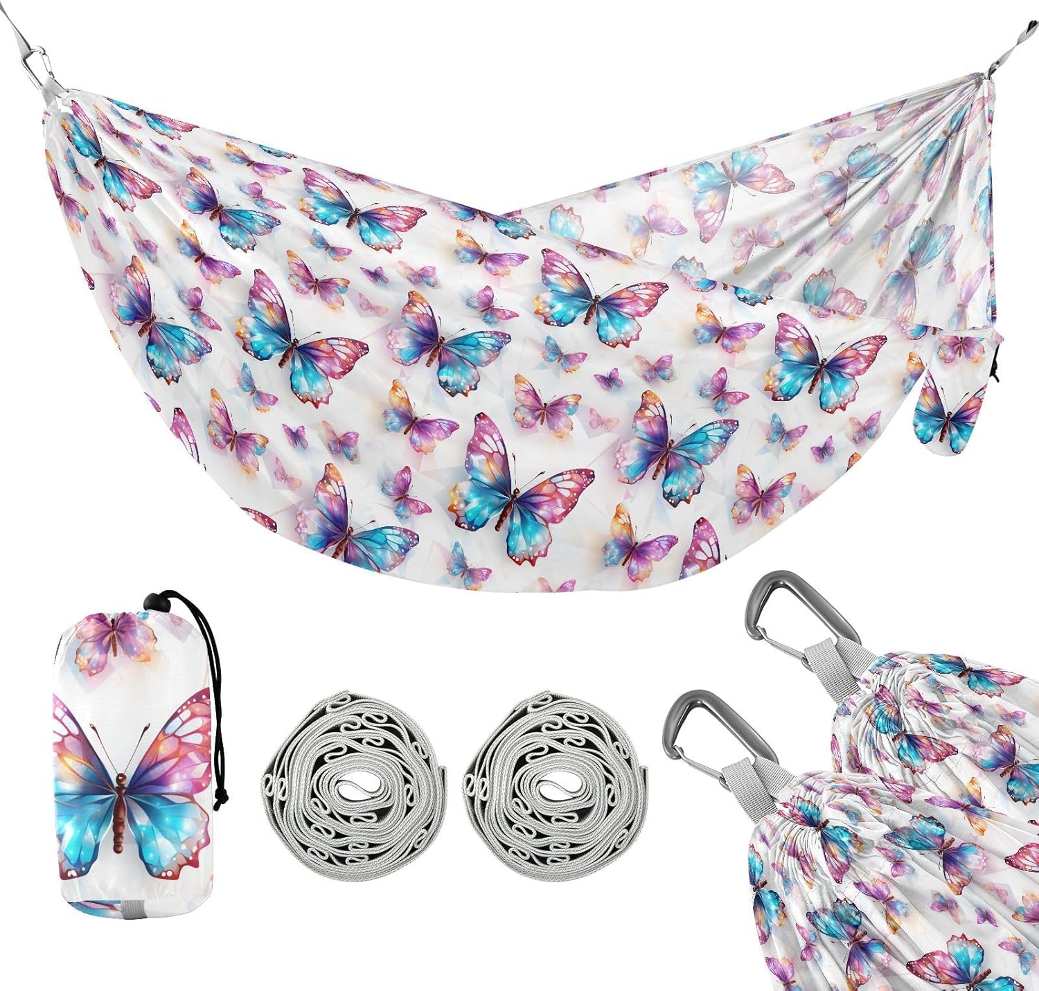 ALAZA Rainbow Butterfly Camping Hammocks Single or 2 Person 500 lbs Portable Parachute Travel Hammock w/Tree Straps for Hiking Backpacking Indoor Outdoor