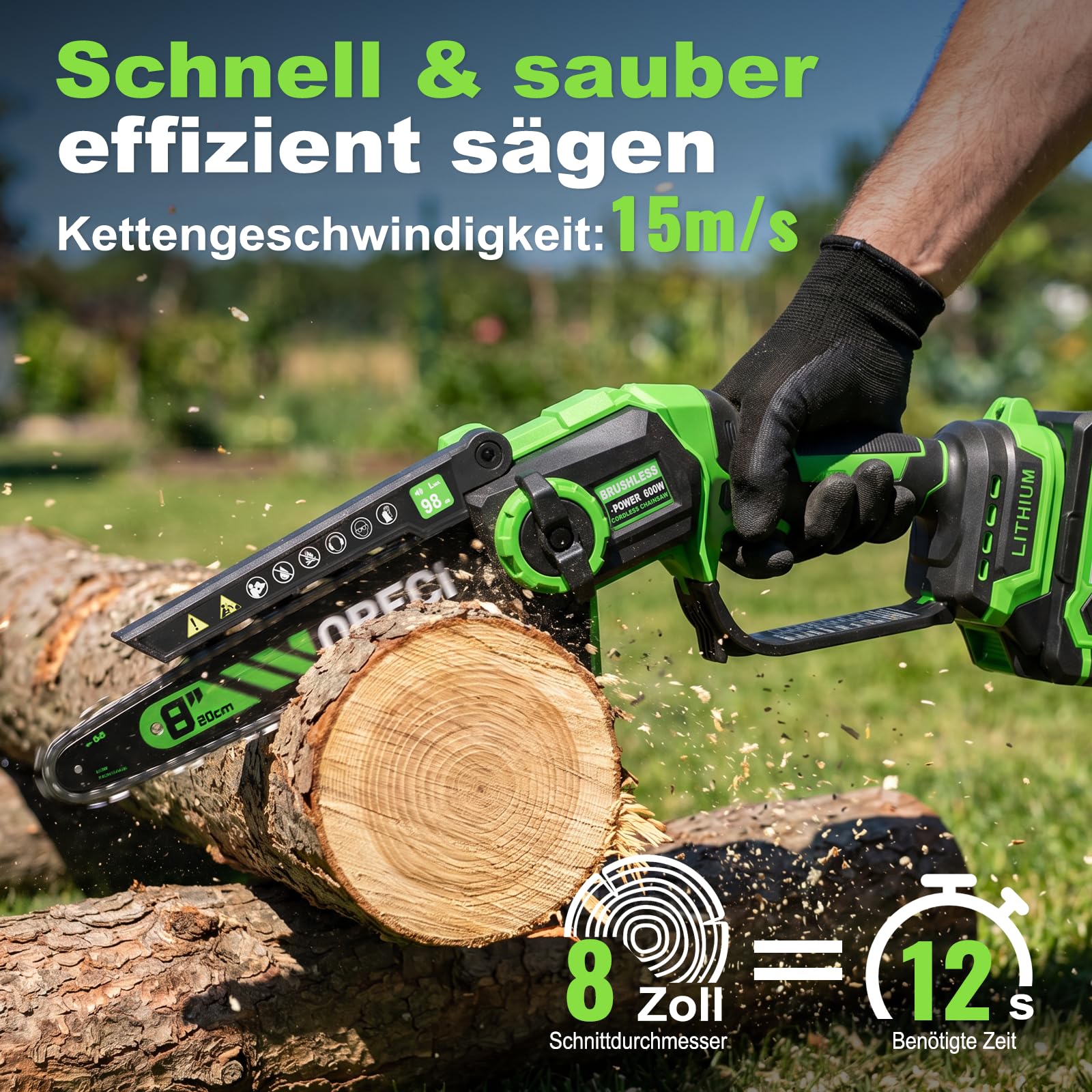 Mini 8-Zoll Akku-Kettensäge, 2 Akkus & Ladegerät, Bürstenlose Elektro Astsäge mit Automatischem Öler, Gartengerät zum Beschneiden von Holz und Bäumen