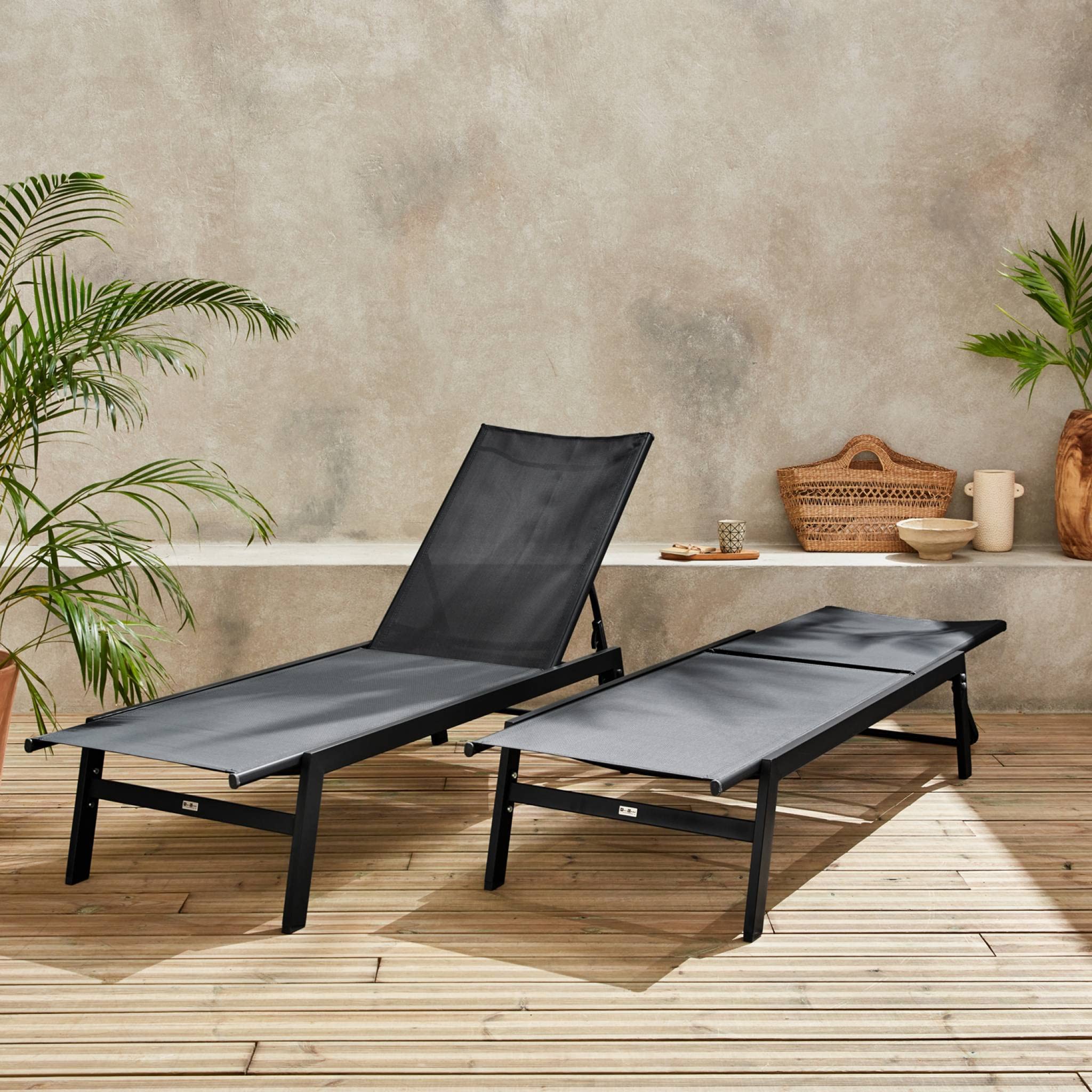 Alice's Garden sweeek - Lot de 2 transats Noir. 5 Positions. en textilène et métal. Flora. L155 x P59 x H106cm