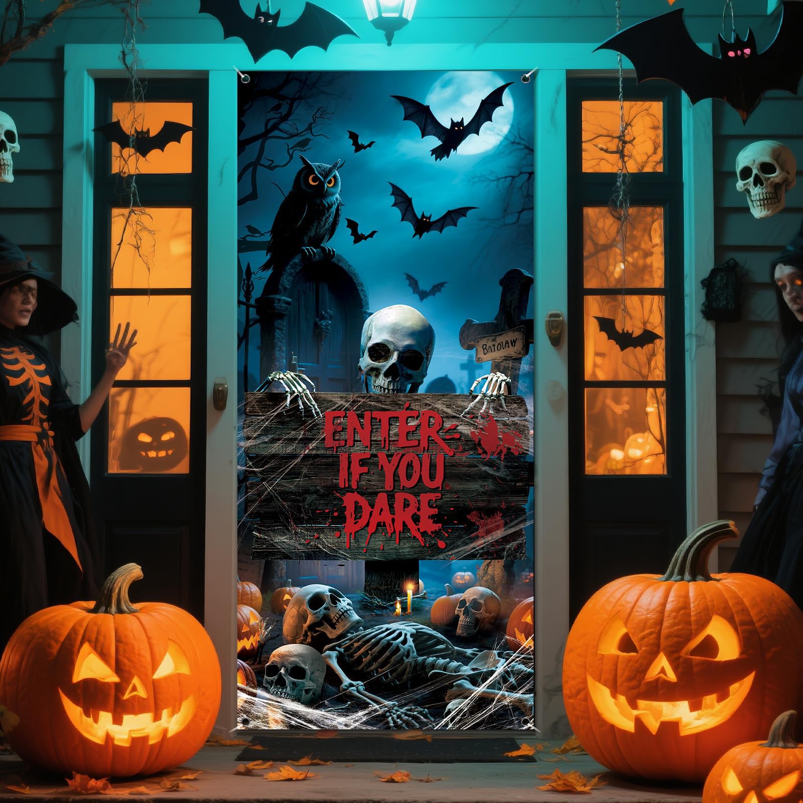 Qylazune Green Halloween Door Cover Scary Enter If You Dare Door Cover Decorations 180X90cm