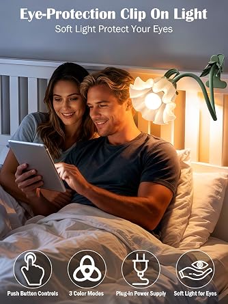 Flower Clip Bedside Lamp, Cute Night Lamp, 3 Color Modes, Reading Light for Bed, Flexible Gooseneck Light, Vintage LED Table Lamp That Cu