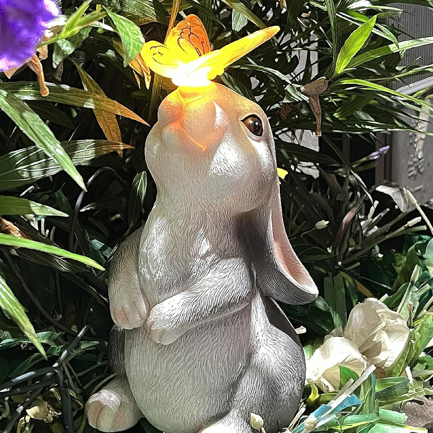 Divono Rabbit Statue Solar Garden Ornaments, Butterfly on Rabbit ...