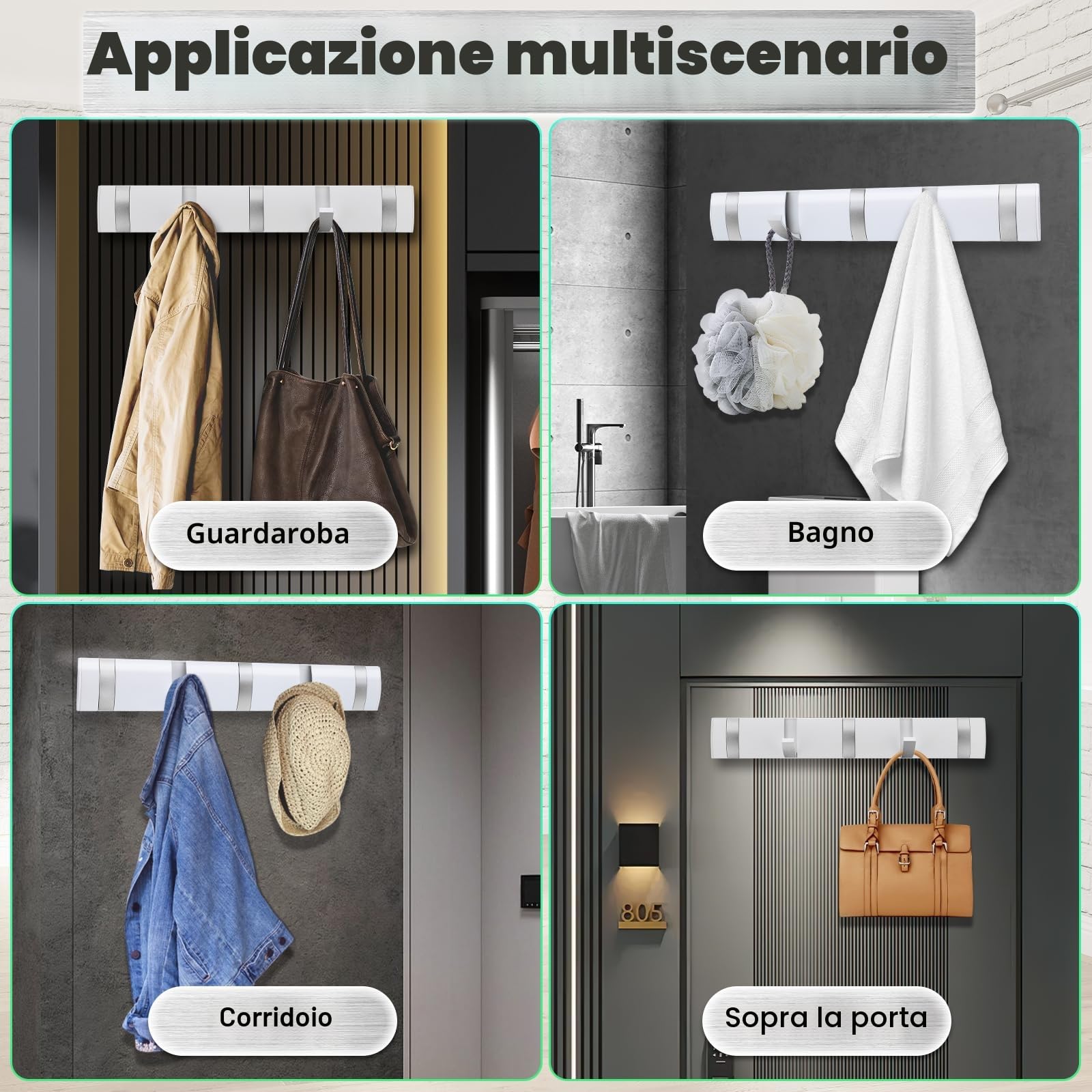 Kssvzz Appendiabiti da Parete con 5 Ganci Ribaltabili, Attaccapanni da Muro Moderno, Attaccapanni da Parete in Alluminio, Appendi Abiti per Muro, per Giacche, Cappotti, Cappelli, Sciarpe, Bianco