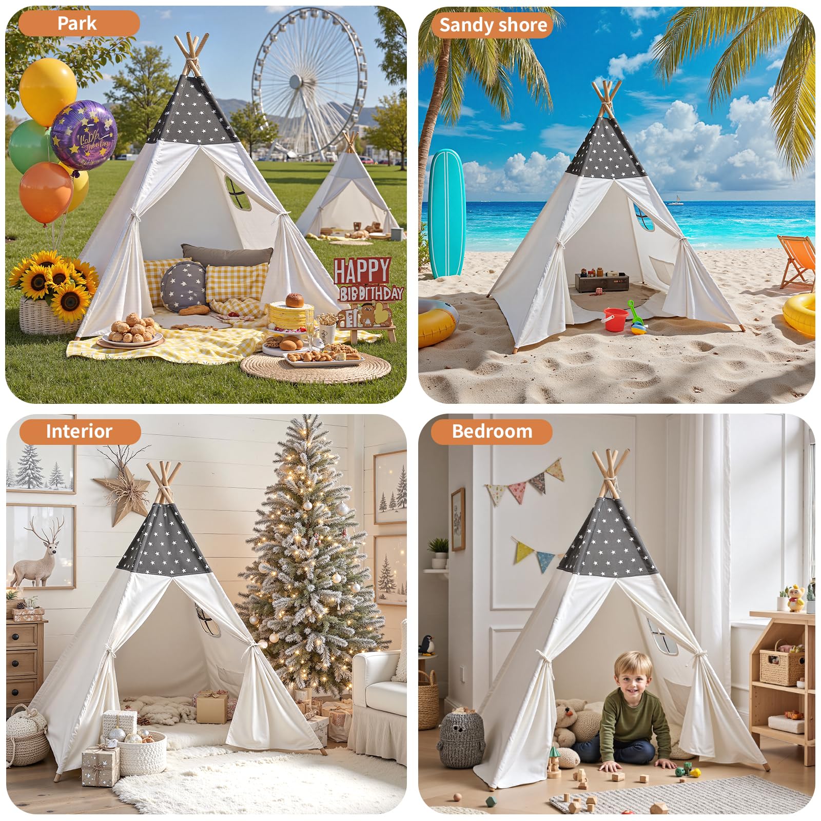 Sumbababy Tipi Infantil, Algodón Tienda de Campaña Interior Madera Portátil Cabañas para Niños, Tienda de Juego