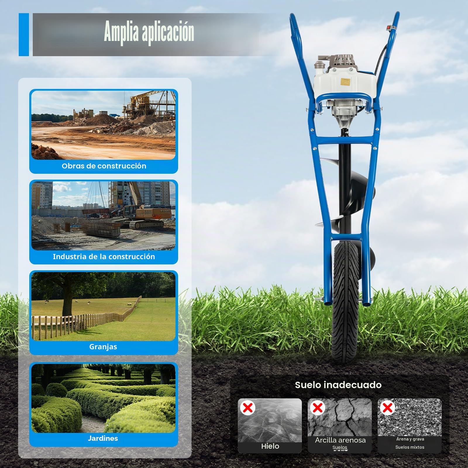 Broca de tierra de gasolina de 2 tiempos, 63 CC, 2,2 kW, con ruedas, 300 mm, broca de jardín, tipo empuje manual, taladro de gasolina, postes de valla, incluye depósito de 1,3 L
