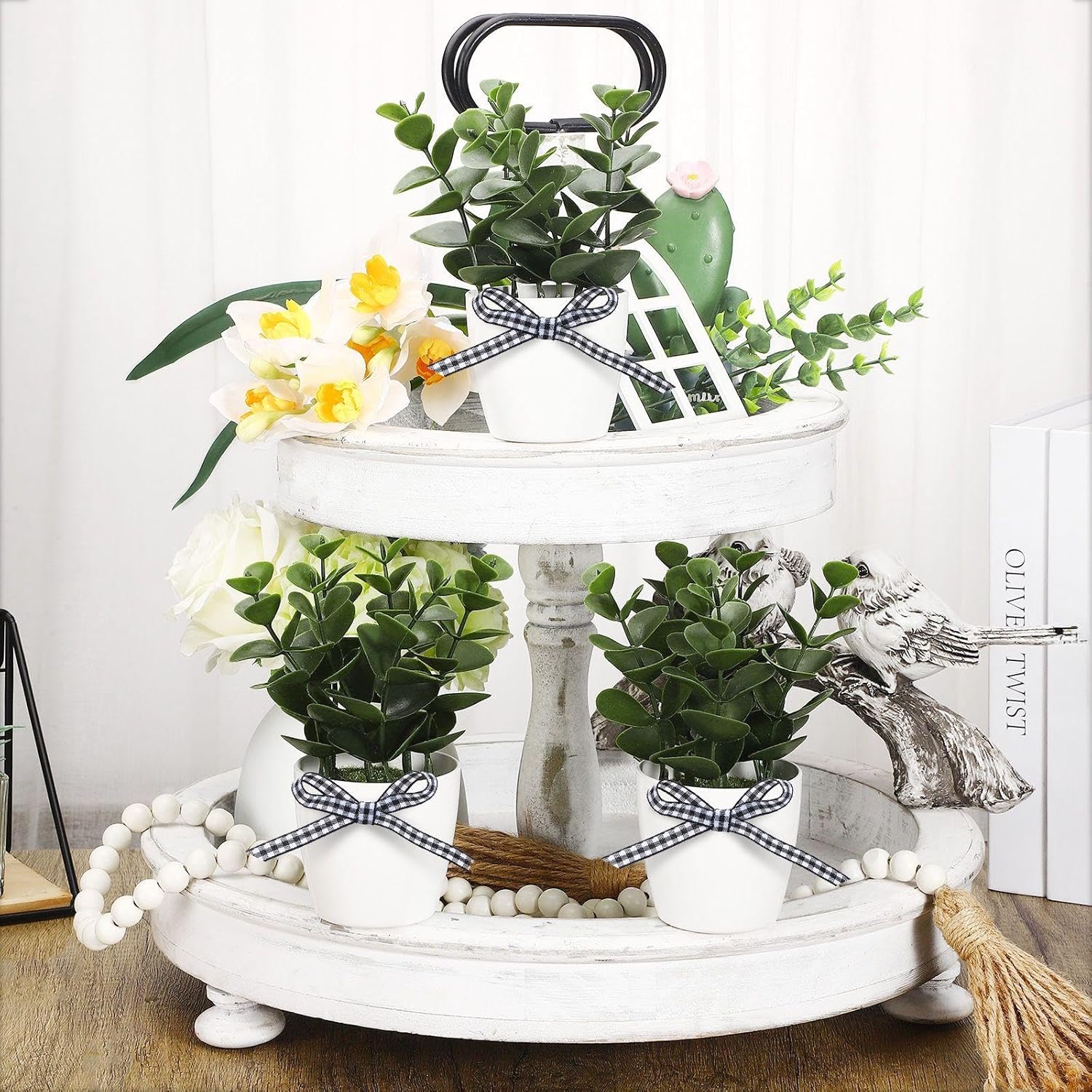 Jexine Farmhouse Tiered Tray Decor Mini Potted Eucalyptus Decor Plant Decor Items for Tiered Trays Farmhouse Artificial Plants Small Eucalyptus Decor for Home Decor (Simple Style) - Image 2