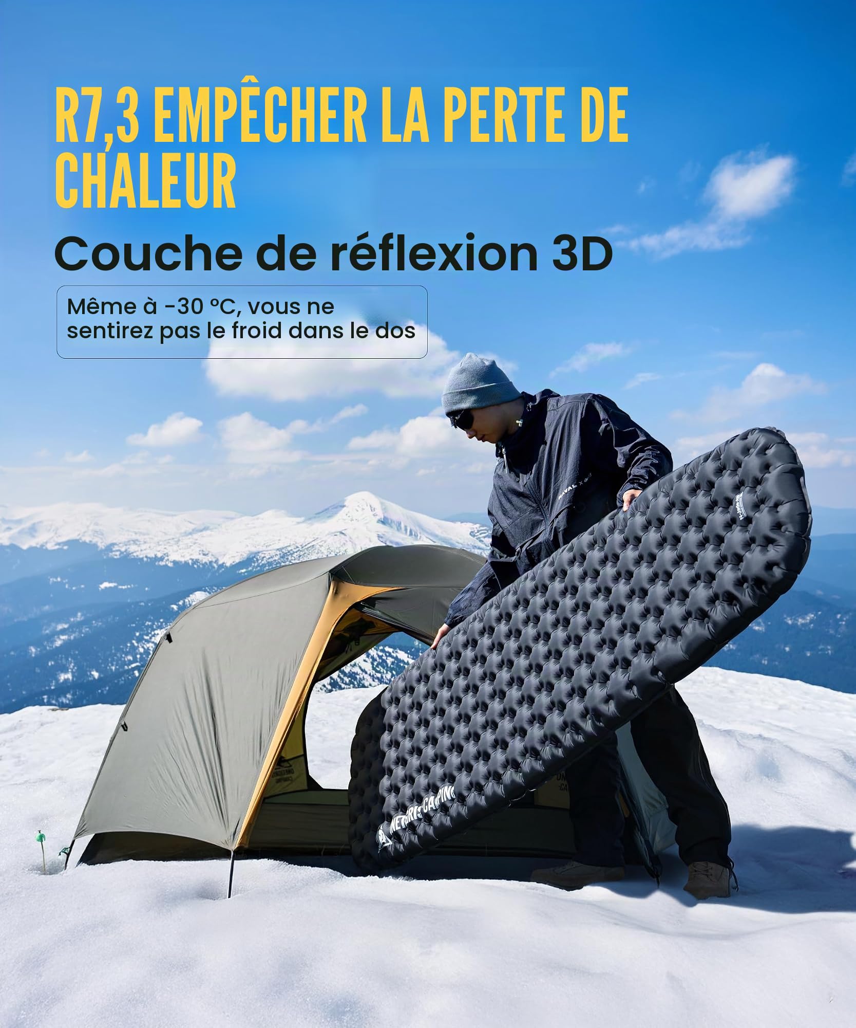 OneTigris NOBLEJADE Matelas isolant d'extérieur pliable avec sac de pompe, 10 cm d'épaisseur, ultra léger, pour 1 personne, matelas de camping gonflable pour la randonnée, la voiture (valeur R 7,3)