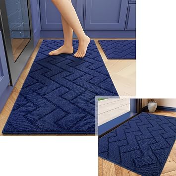 hicorfe Kitchen Rugs and Doormat Sets,3 Pieces Polypropylene Non-Slip Rug,Washable for Kitchen,Hallway,Office,Sink,Laundry20" x 31.5"+20" x 31.5"+20" x 48",Navy Blue