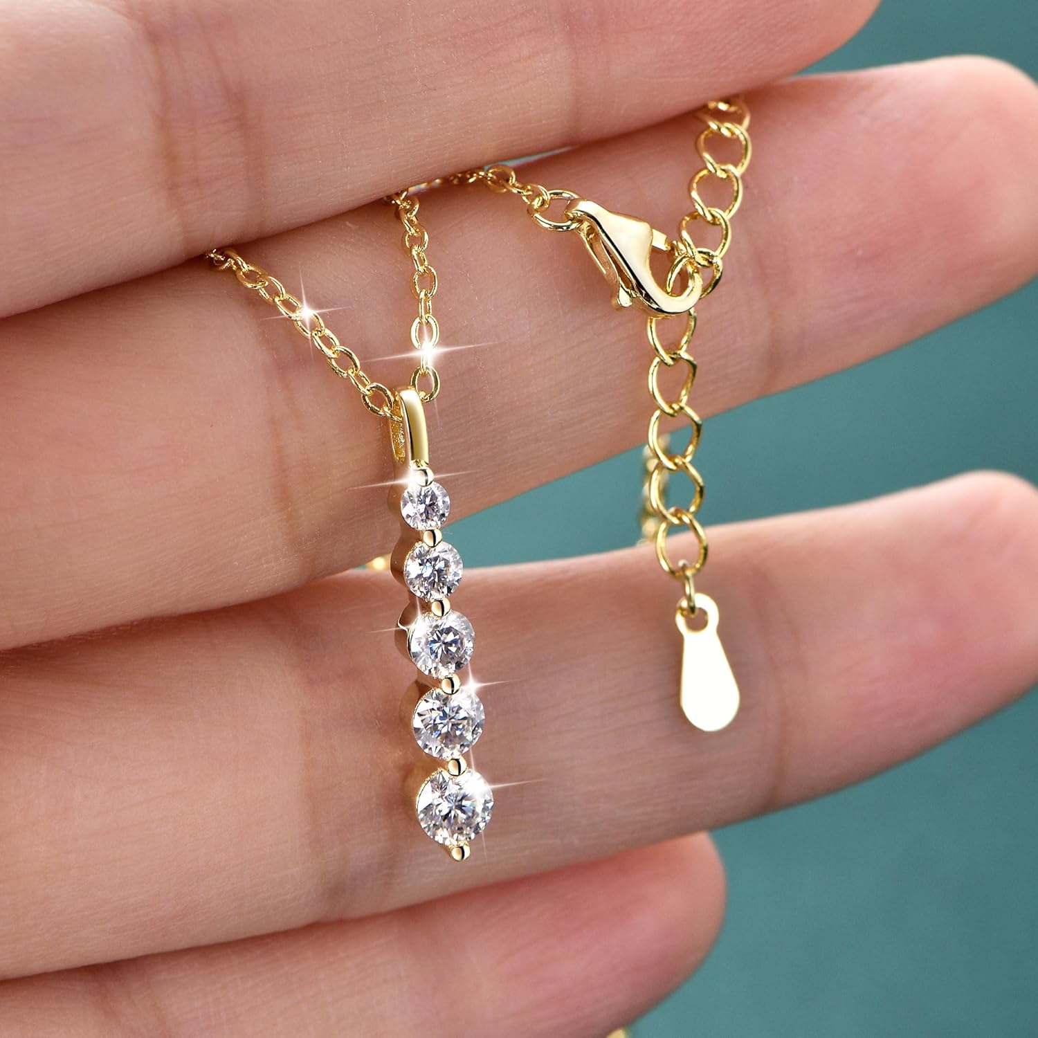 Moissanite Drop Pendant Necklace for Women, 0.92 CT 14K Gold Filled 5-Stone Round Pendant, Trendy Jewelry Gift for Wife Mother Birthday Anniversary Valentines Wedding - Image 5