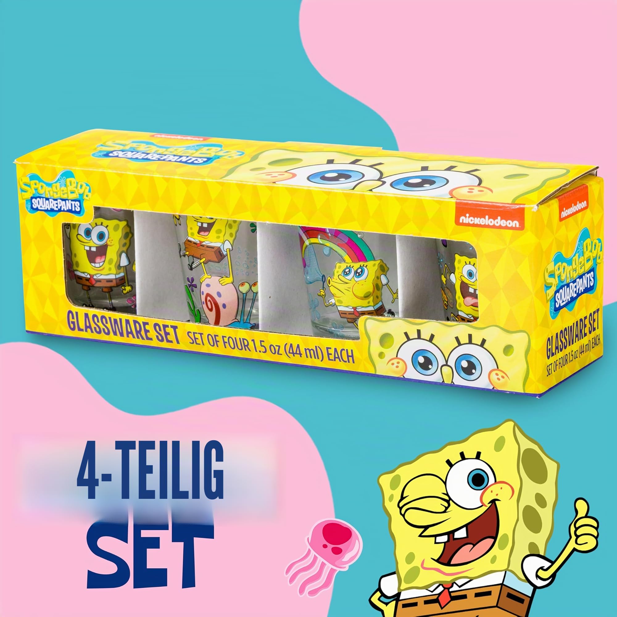 Silver Buffalo SpongeBob SquarePants Poses Floral Krabby Patty Mini-Glas-Set, 42,5 ml, 4 Stück