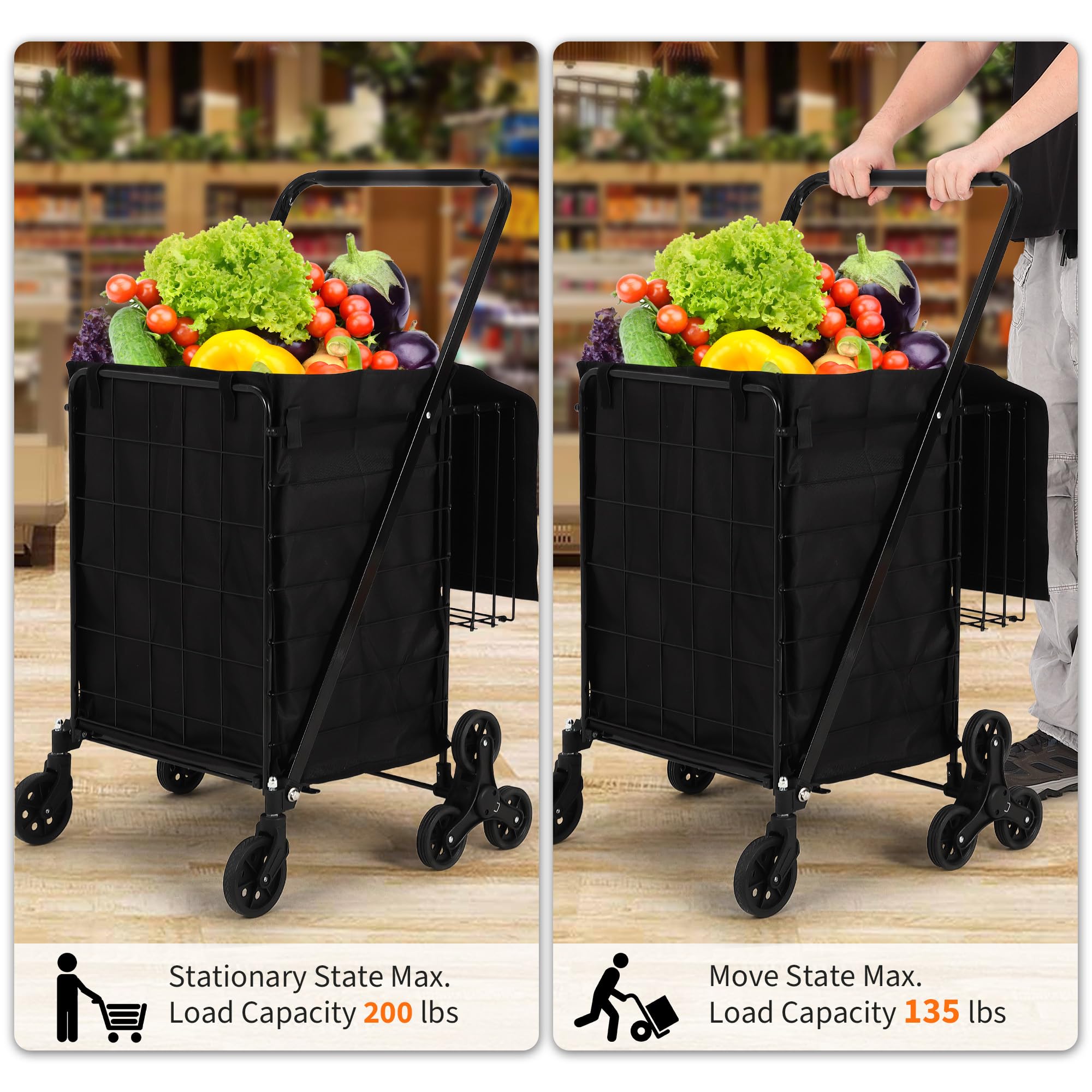 Carrello della spesa, carrello della spesa per salire le scale rivestimento impermeabile e ruote girevoli a 360°, carrello della spesa pieghevole portatile lavanderia, bagagli, campeggio