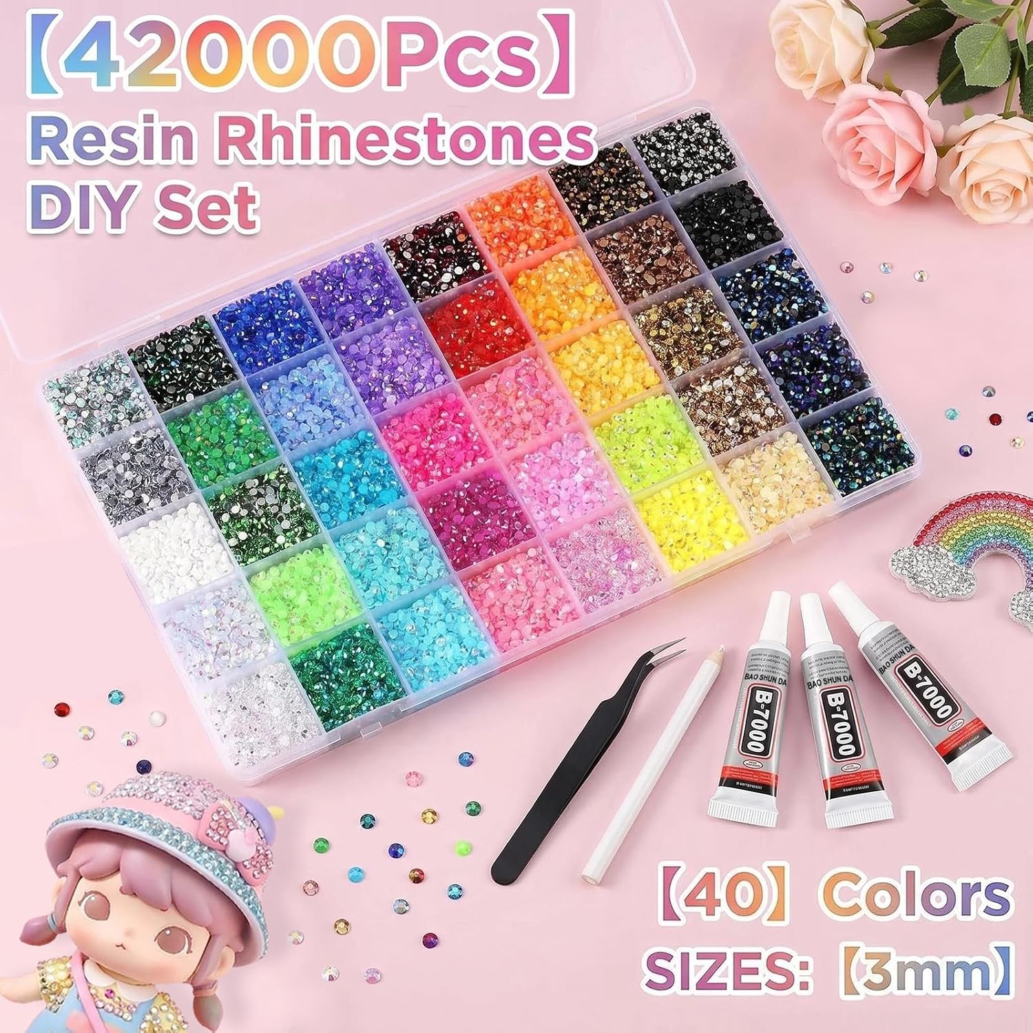 OGACRLA 42000Pcs Bedazzling Kit 40 Colors Resin Jelly Resin Rhinestones for Bedazzling with Tweezers, 3mm Bedazzler Kit with 3Pcs B7000 Jewelry Glue for Tools, DIY Arts, Bedazzled Nail & Crafts Gifts