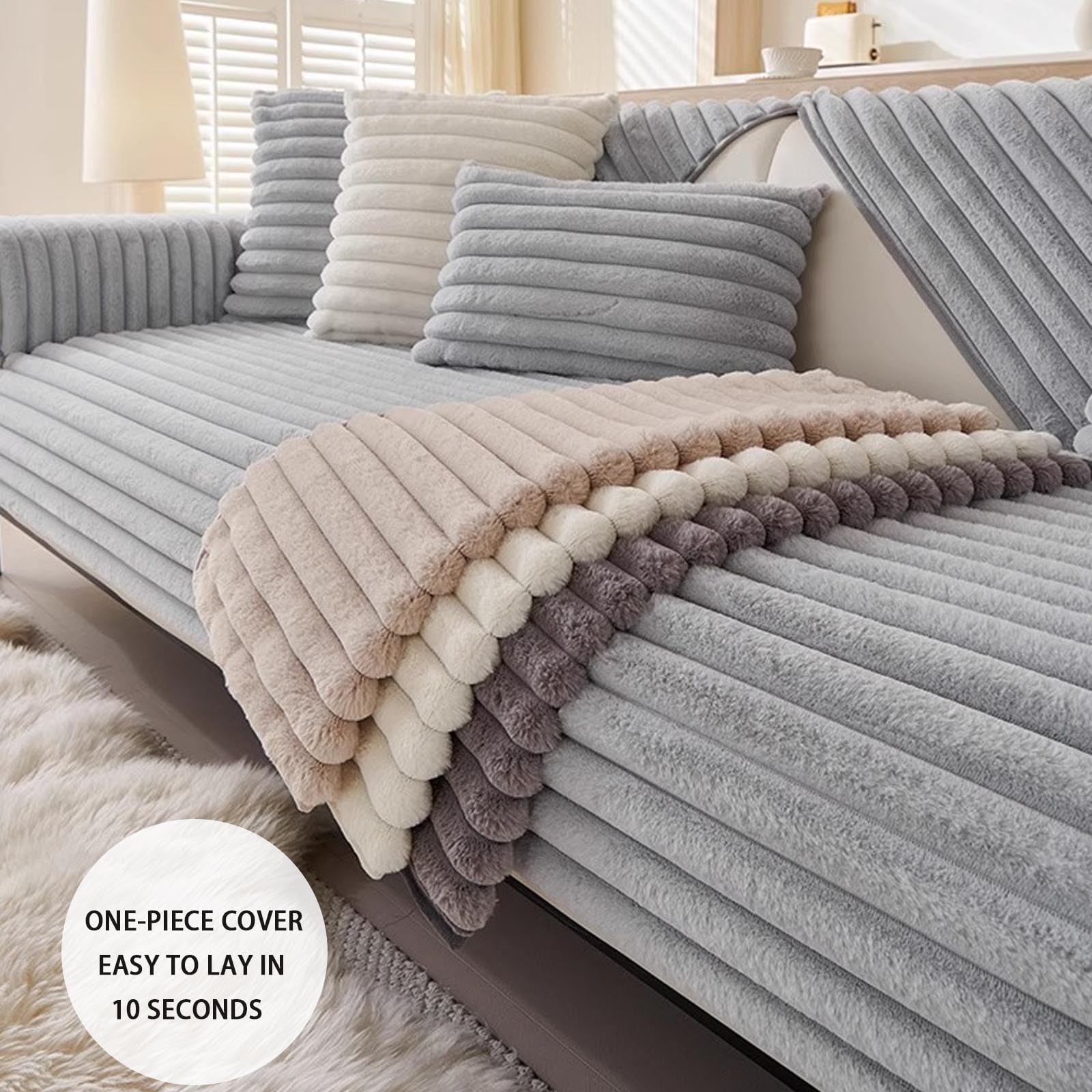 Copertura Per Divano - Morbido Tessuto In Peluche Di Coniglio, Lavabile In Lavatrice, Antiscivolo Per Divano Modulare, Copertura Divano Da 1 2 3 4 Posti, Protettore Mobili Soggio Light Gray 110*160cm