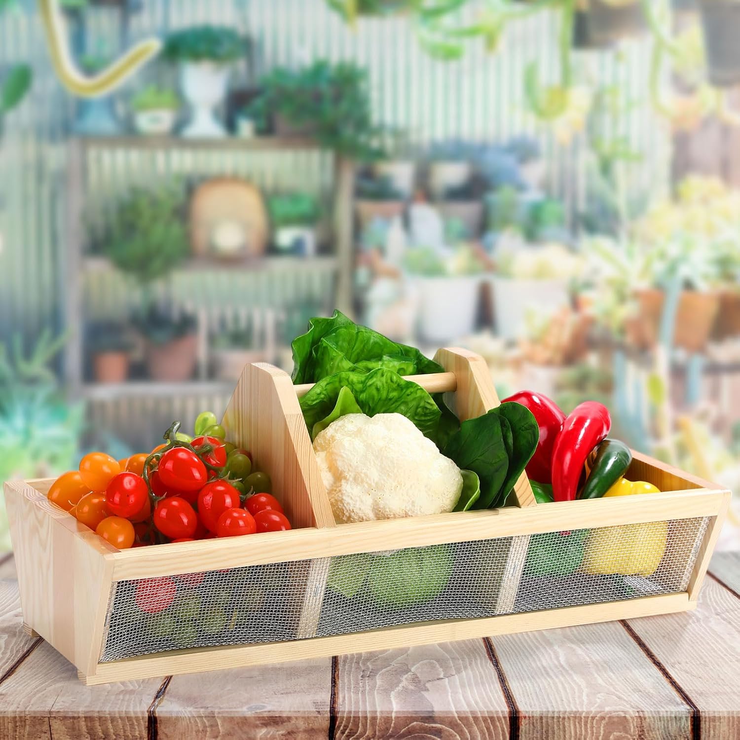 Garden Harvest Basket Gift for Mother 20 x 10 x 8 in Vegetable Hod for Gardeners Fruits Veggies Basket with Center Divider Versatile Gardening Vegetables Gathering Hod with Handle(Wood Color)