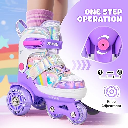 Miniatura 40 de SULIFEEL - Patines infantiles con luz ajustable y diseño de unicornio y arcoíris, tamaño 4 para niños y niñas b púrpura