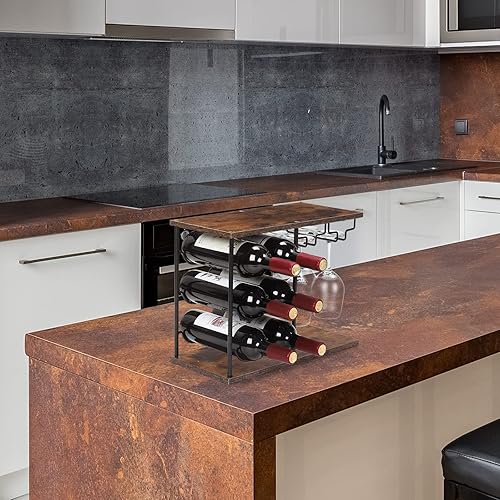 Miniatura 8 de MOOACE Estante de vino para encimera, estante independiente para botellas de vino con soporte para vidrio, soporte de vino de madera con bandeja