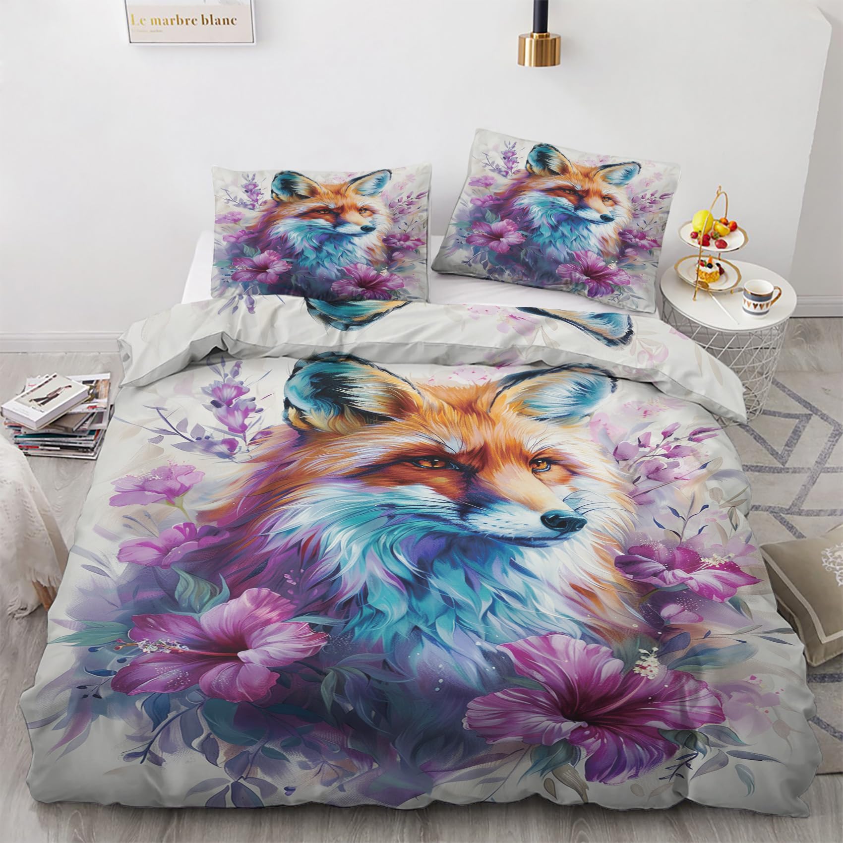 Fox Double Duvet Cover Set, Wildlife Bedding Sets, Reversible Pattern Quilt Cover Set 3 pcs with Zip and 2 Pillowcase 50x75 cm, Soft Brushed Microfibre Bed Set (L&-4497)