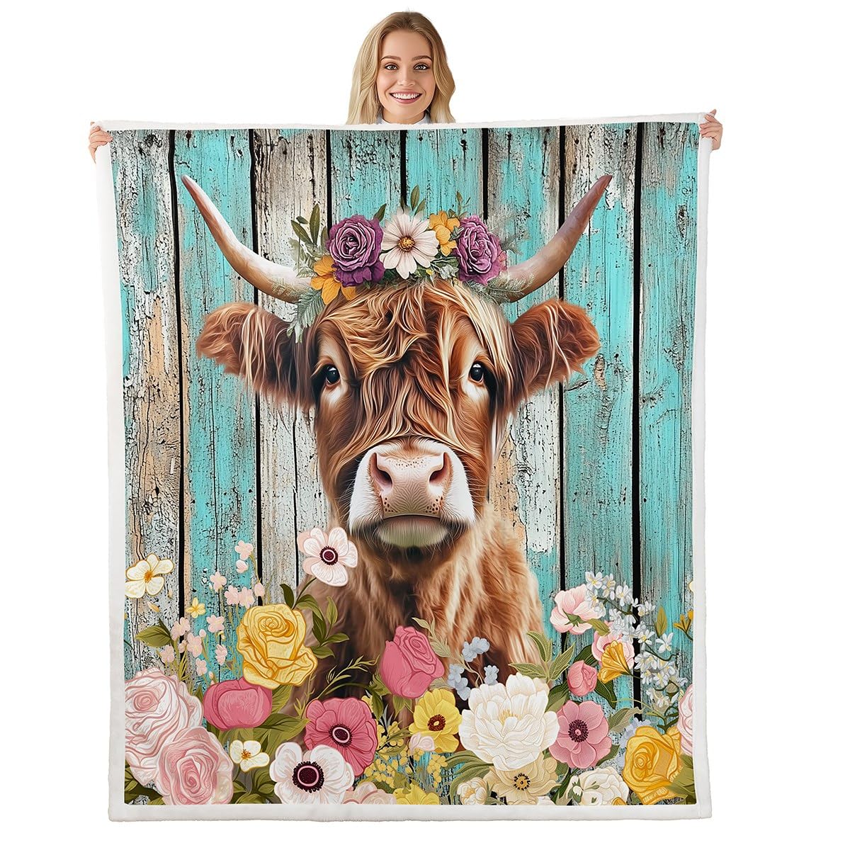 Homemissing Highland Cattle Fleece Throw Blanket Queen 90x90Inch Size For Kids Boys Girls Teens Highland Cow Sherpa Blanket For Sofa Bed Couch Blossom Flowers Pattern Bedroom Decor