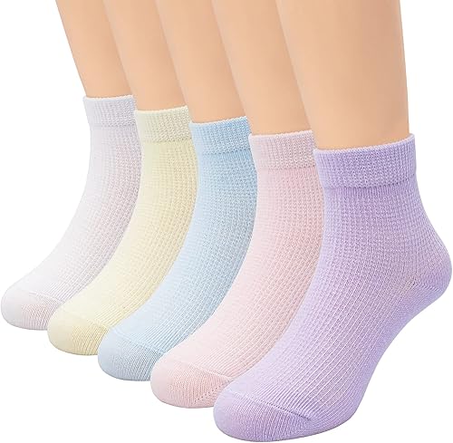 Paquete de 5 calcetines invisibles de malla fina con volantes de algodón con volantes blancos sólidos de corte bajo para niños pequeños