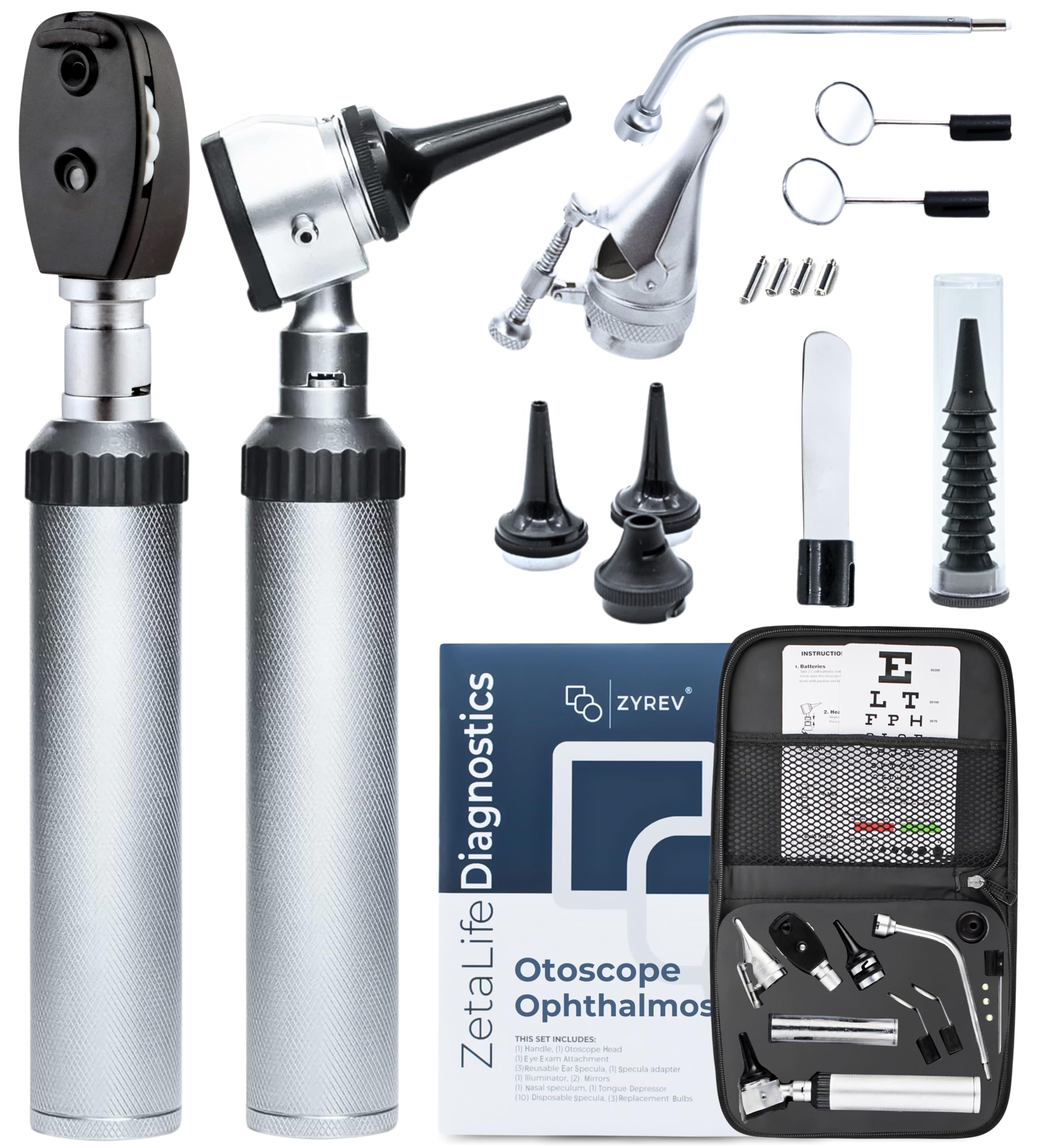 ZYREVOtoscope Oph Diagnostic Set - 34 Piece Medical and Nursing Student Otoscope/Opthalmoscope Kit - with Leather Case for Educational and Professional Settings (Advanced)