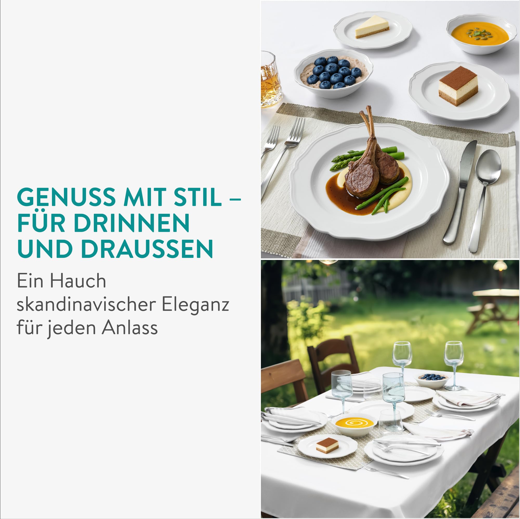 Navaris Scandi Stil Porzellan Geschirrset 6 Personen - 18-teiliges Teller Set - Spülmaschinenfestes Tafelservice - Kombiservice in Weiß - Geschirr Service Tellerset Essgeschirr