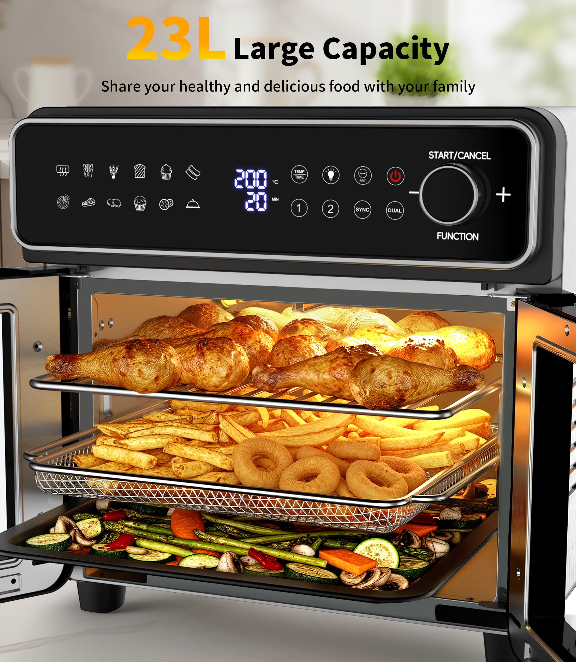 Friteuse à air chaud 23L Mini Four – Zone simple/double réglable, 2600W Airfryer avec Bouton rotatif & Écran tactile, 12 programmes, Intérieur en acier inoxydable, 13 accessoires & livre de recettes