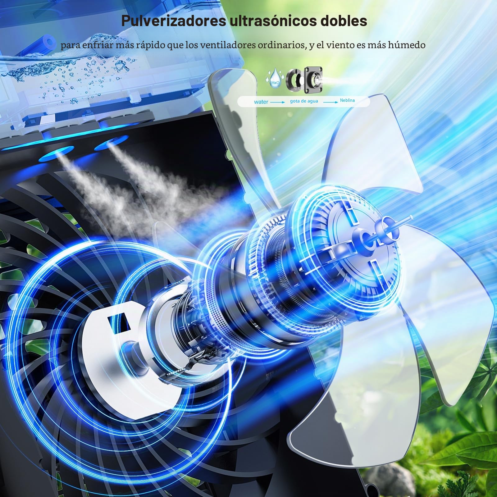 Aire acondicionado portátil con mando a distancia, silencioso con 3 velocidades, ventilador de refrigeración de 1200 ml, ventilador de aire personal con 3 nieblas, 7 luces nocturnas, temporizador de 8