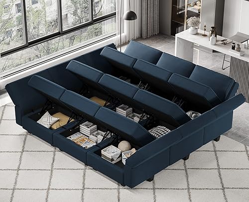 Miniatura 15 de Belffin - Sofá cama modular con otomanas, de terciopelo, reversible y con asiento con almacenamiento, color verde, forma de L-1 Negro