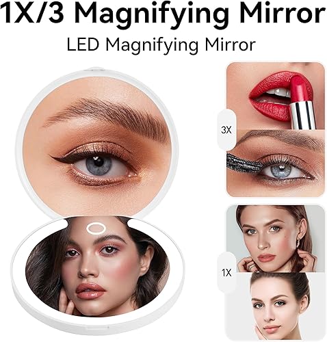 Miniatura 3 de CORROY Espejo de maquillaje de viaje recargable con aumento 1x3x, espejo compacto con luz regulable luces se enciende automáticamente para bolsos,