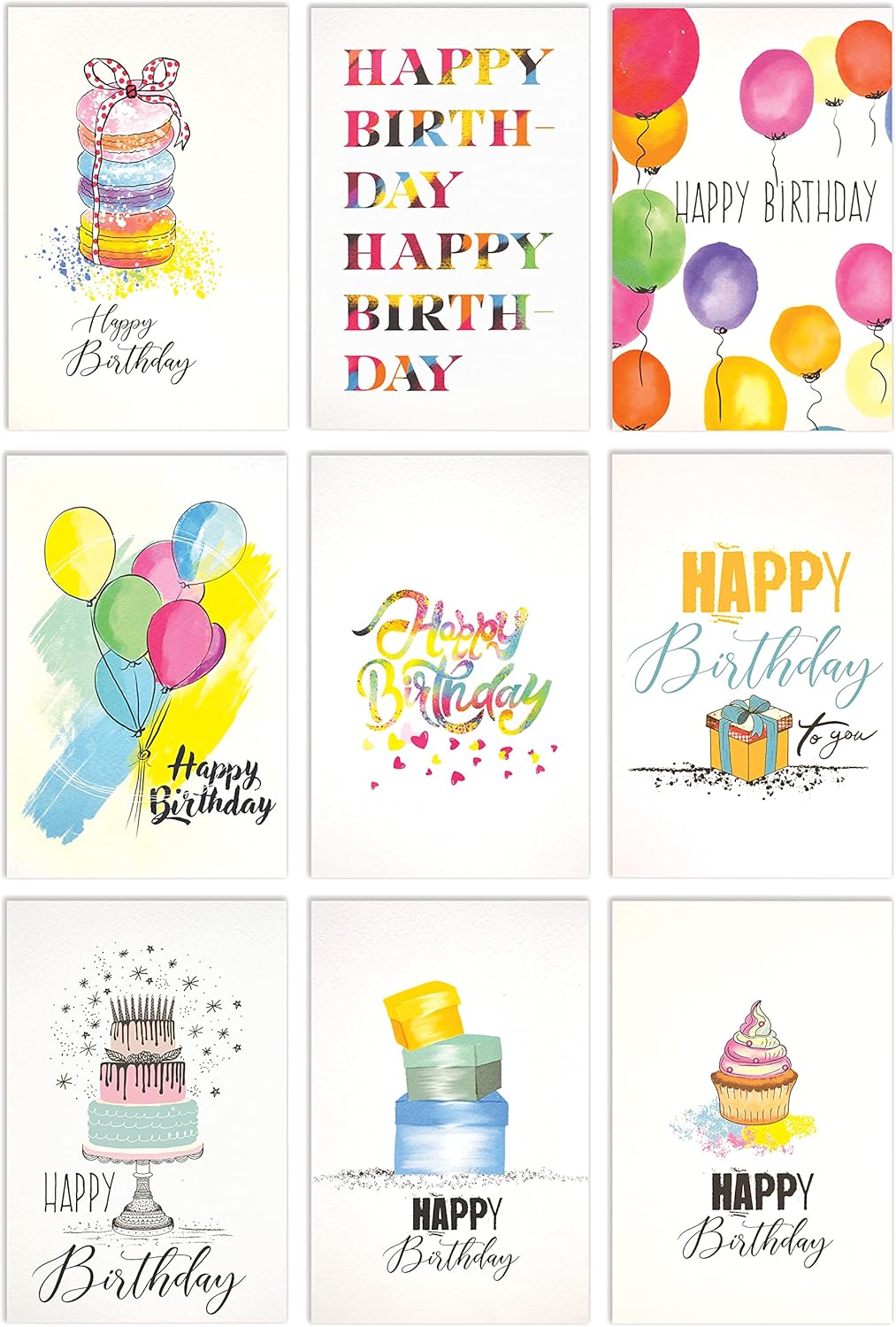 Better Office Products Happy Birthday Cards, 99-Pack, 4 x 6, Fun & Chic Hand Drawn Designs on Heavyweight Textured Cardstock, for All Ages, Blank Inside, with 99 Envelopes