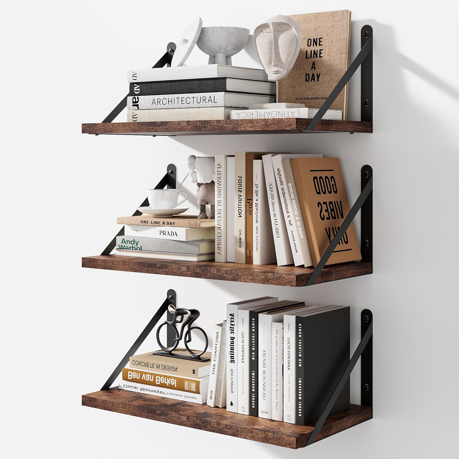 Floating Shelves for Wall, 24W x 8D Wide Bookshelf with Brackets Set of 3, Wood Wall Mounted Shelves for Living Room, Kitchen, Bathroom, Bedroom and Decor Storage(Black)