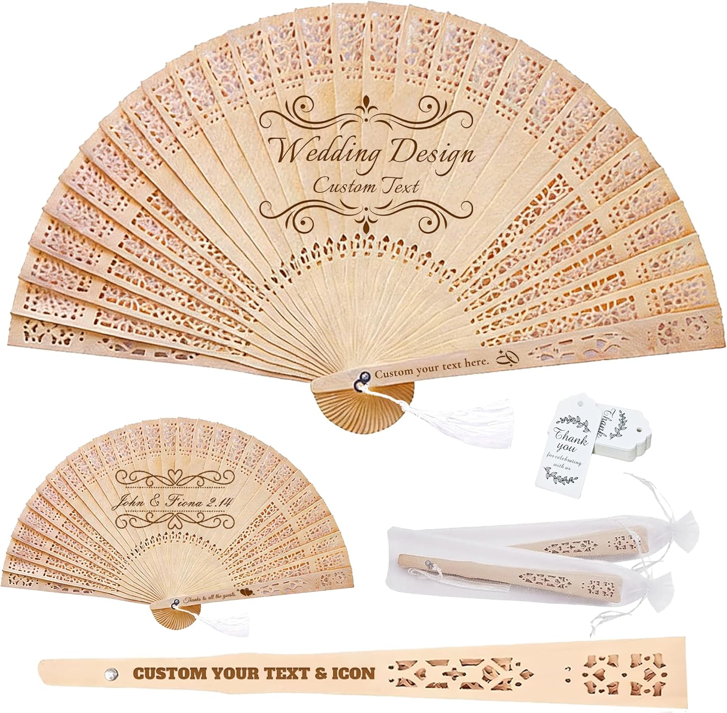 50Pcs Personalized Wedding Folding Handheld Fans Custom Wooden Fans Engraved Bulk with Organza Bags for Summer Wedding Graduation Birthday Party Baptism Guests Gifts Souvenir