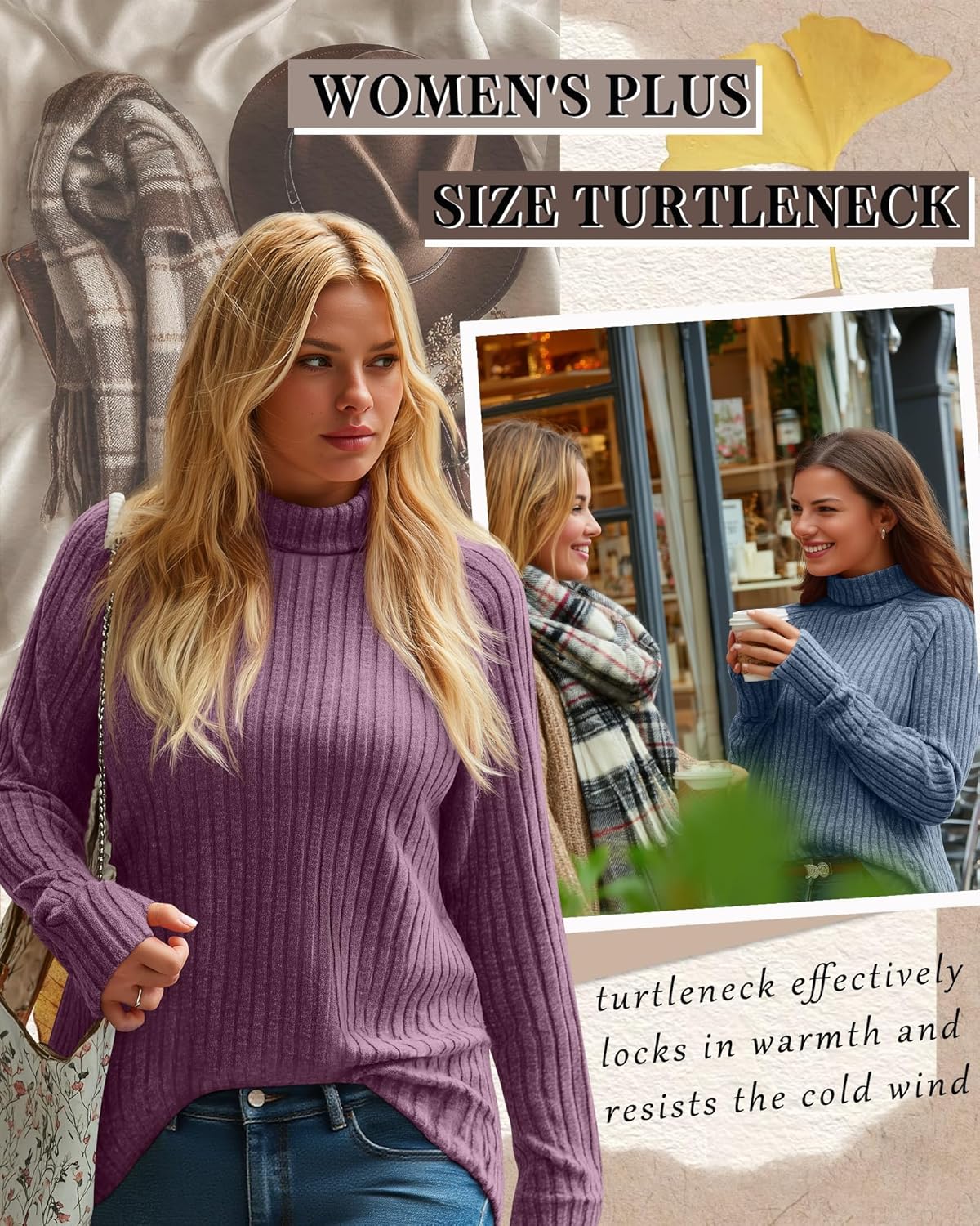 Ficerd 3 Pack Women's Plus Size Turtleneck Sweater Tunics, Long Sleeve Thumbhole Ribbed Tops Curved Hem Loose Pullover Shirts - Image 2