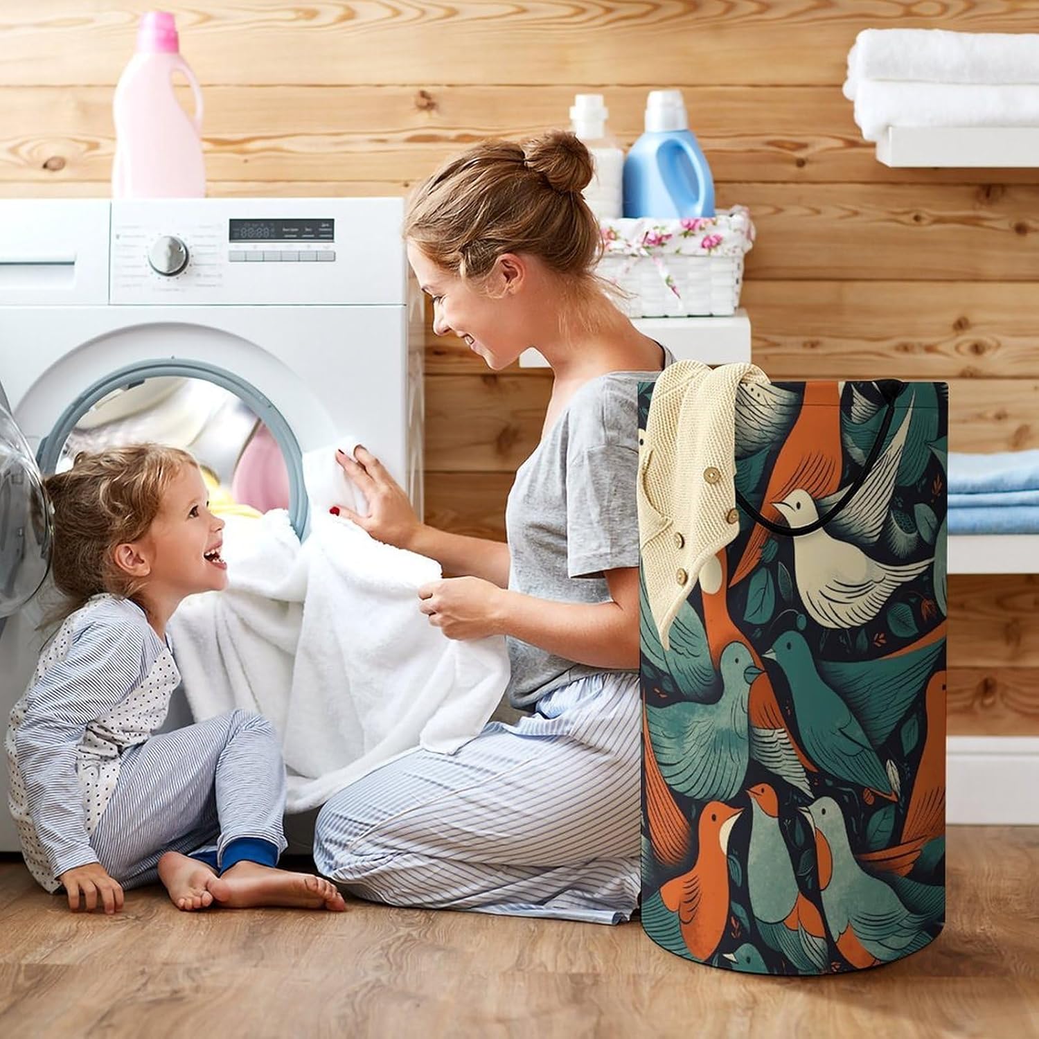Flock of Birds Laundry Hamper with Handles Waterproof Collapsible Laundry Basket Large Lightweight Round Dirty Clothes Hamper for Home Dorm Bathroom Decor